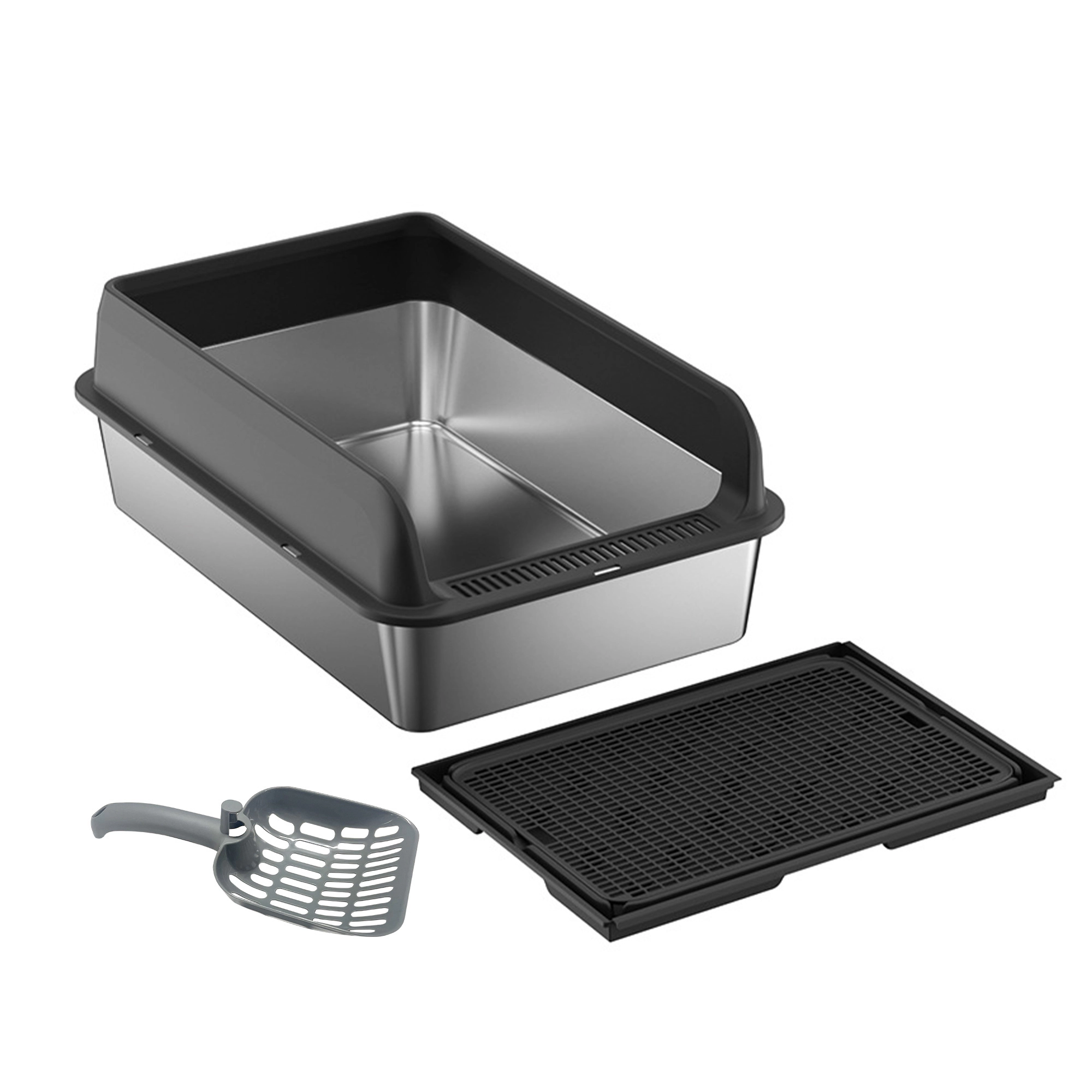 XL Top-Entry Stainless-Steel Cat Litter Box, Anti-Tracking Pan with Mat 60x40x30cm, Black