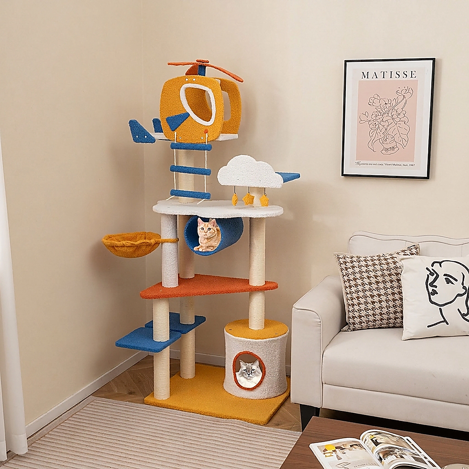 SUGIFT 70-in Tall Aviation-Themed Cat Tree with Helicopter Top Perch, Condo & Platforms 22-lb Capacity Blue White Yellow
