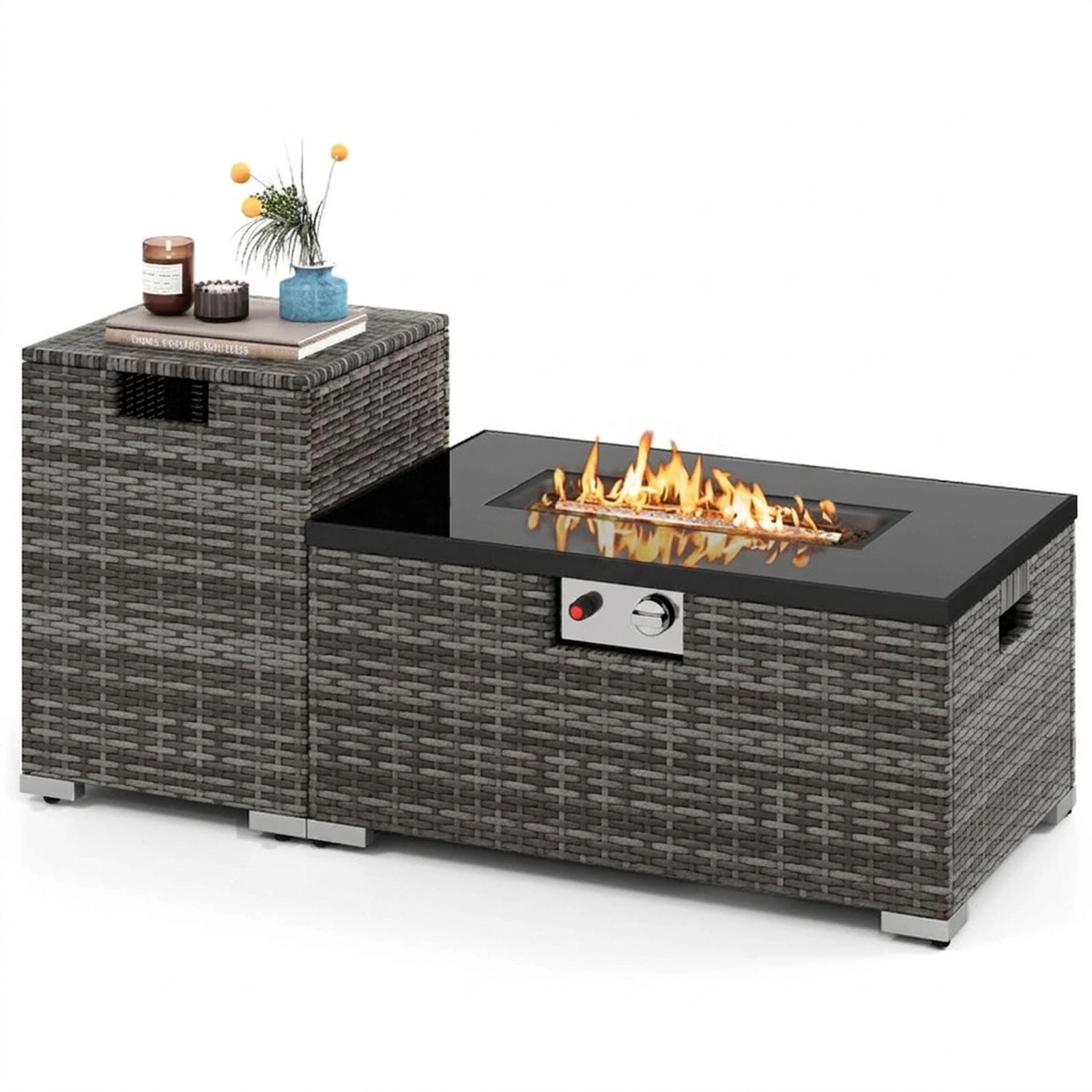 SUGIFT Gray Rattan Gas Fire Pit Table Set with Glass Top 32-in W 20-in D 16-in H 265-lb Tabletop Capacity