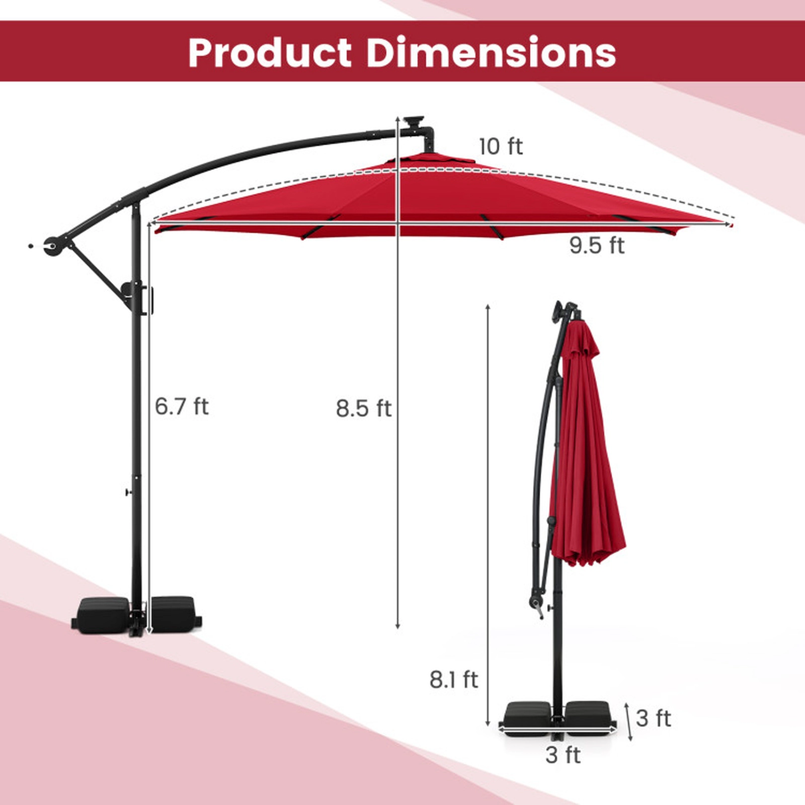 SUGIFT Solar Offset Hanging Patio Umbrella with Base and 96 LED Lights 10-ft x 8.5-ft Canopy Multi-Color