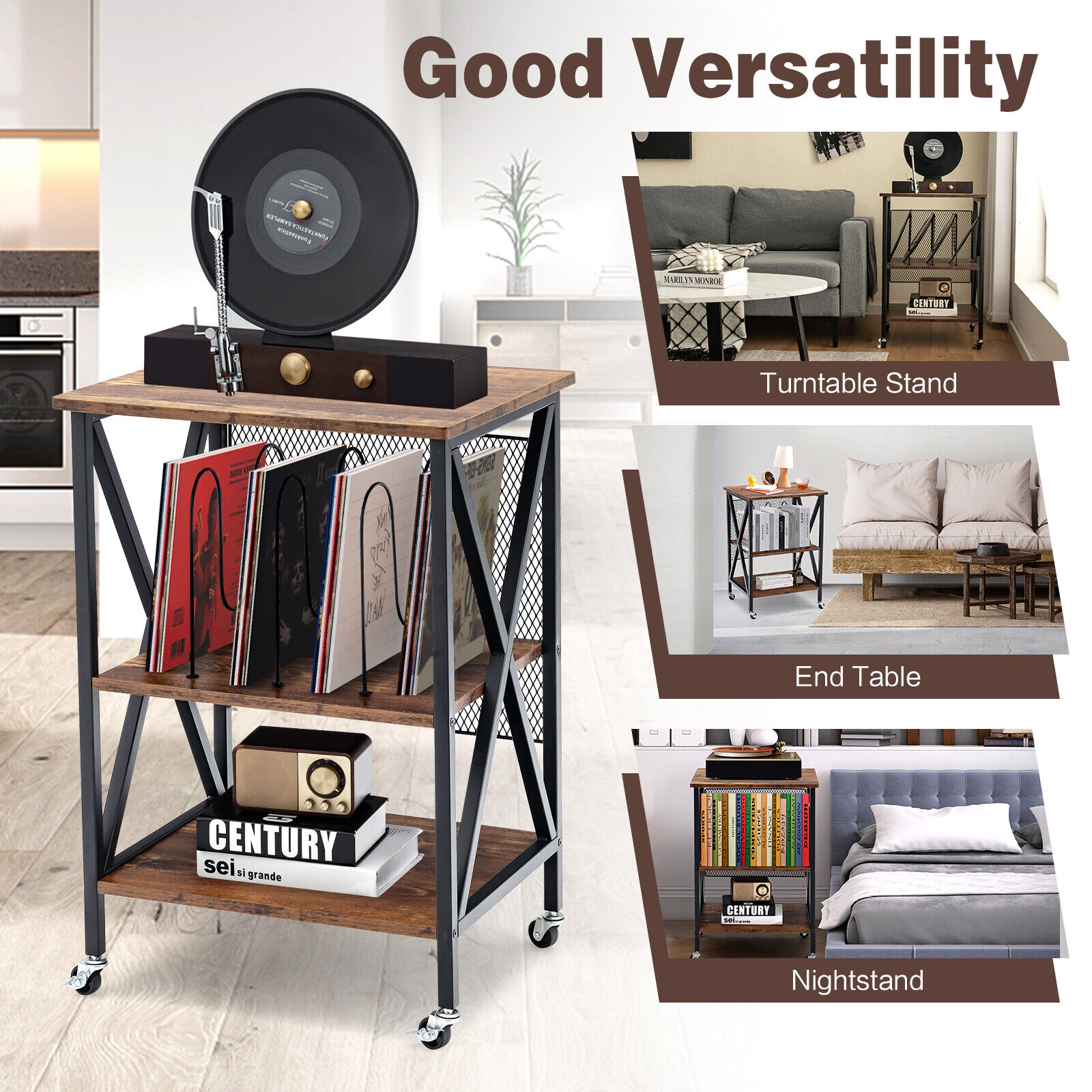 Glintex Rolling 3-Tier Vinyl Record Stand with 3 Dividers and Lockable Casters, Brown