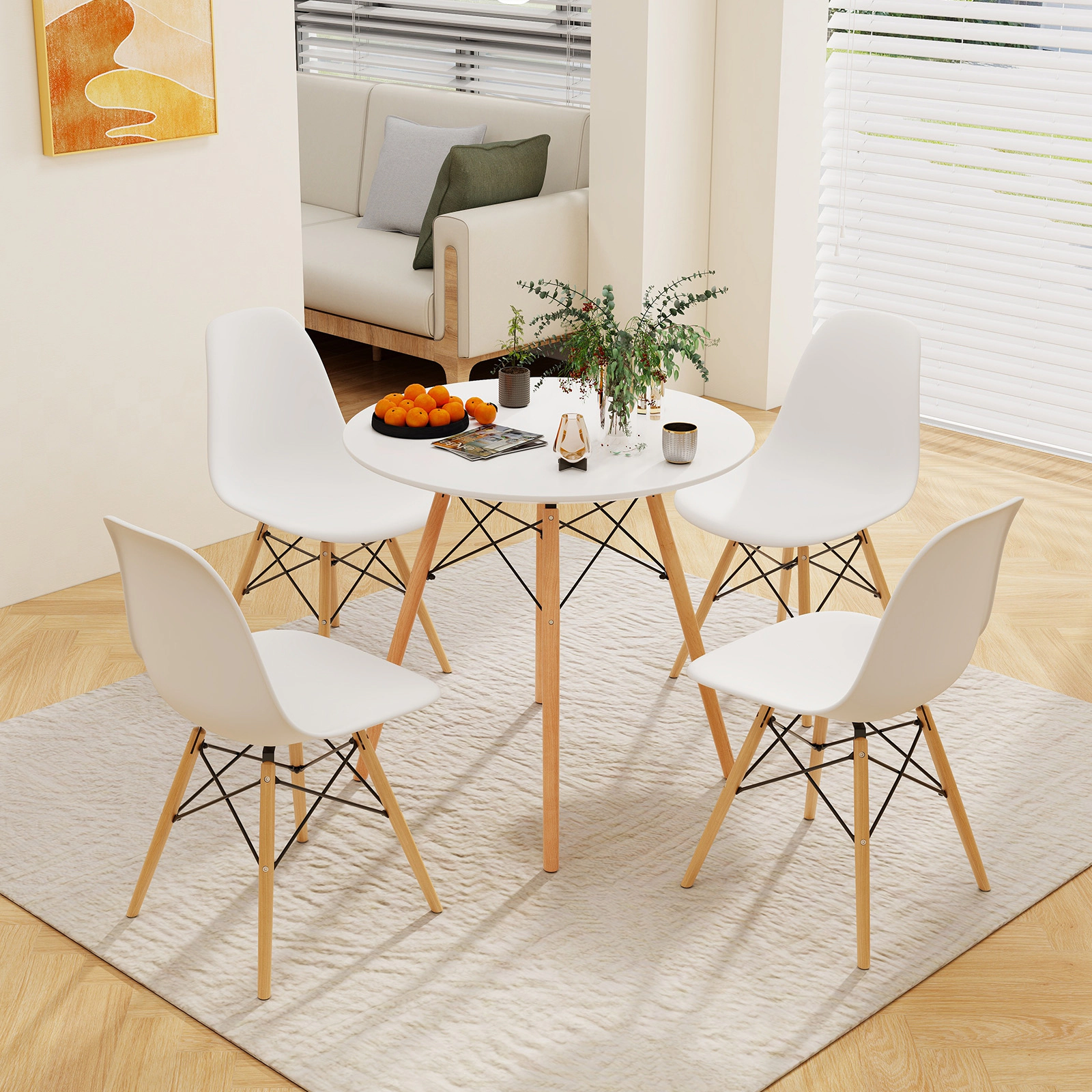 LJG Round Modern Dining Table with Solid Wooden Leg