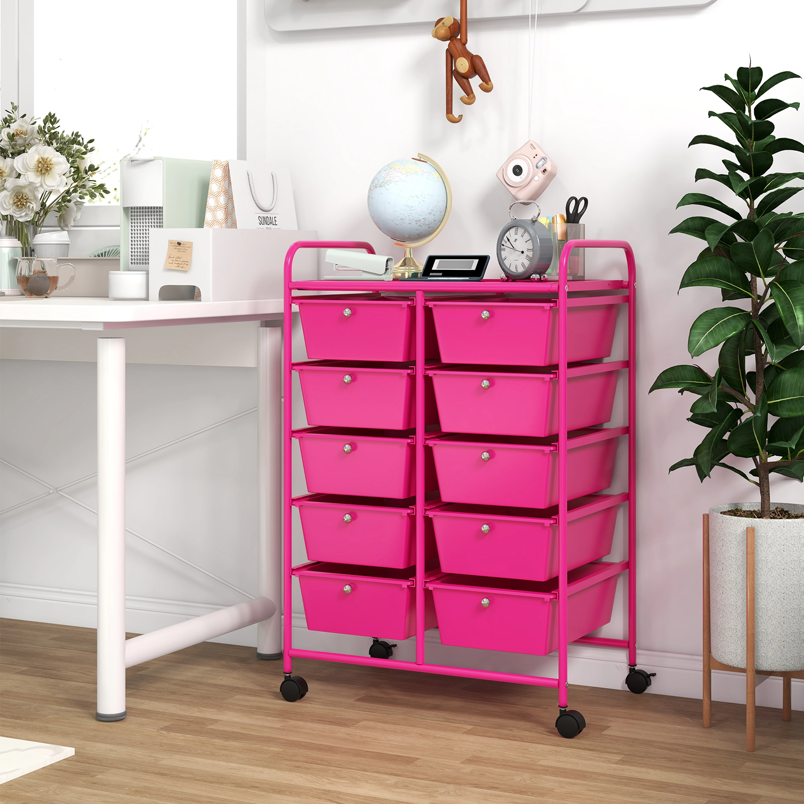 SUGIFT 10-Drawer Rolling Storage Cart with Mesh Top 22-lb Platform Capacity 5.5-lb Drawer Capacity Pink