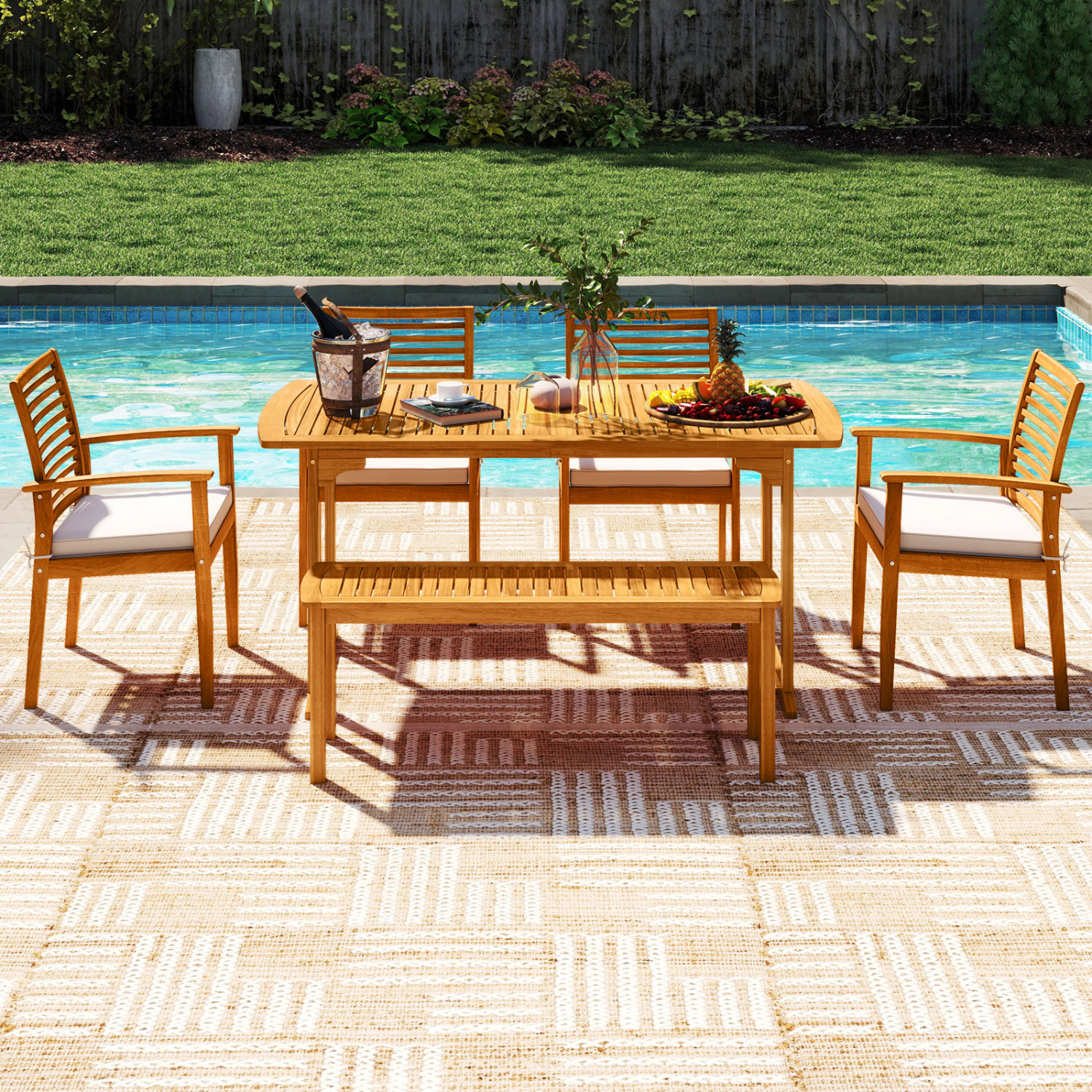 Slickblue 6 Piece Acacia Wood Dining Set Outdoor Patio Table Chairs Bench