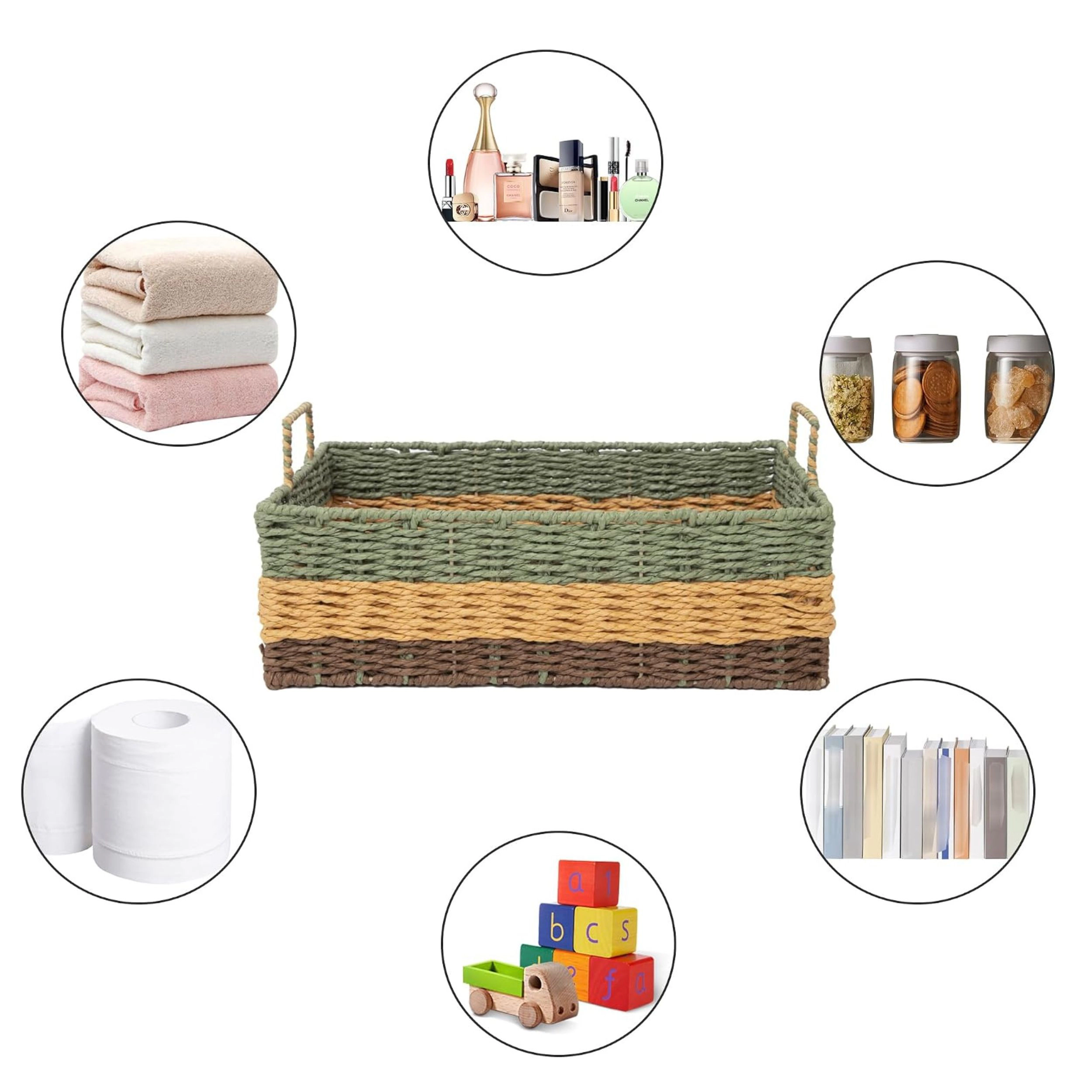 Stock Preferred Woven Paper Rope Rectangle Storage Basket for Shelves Sage Green
