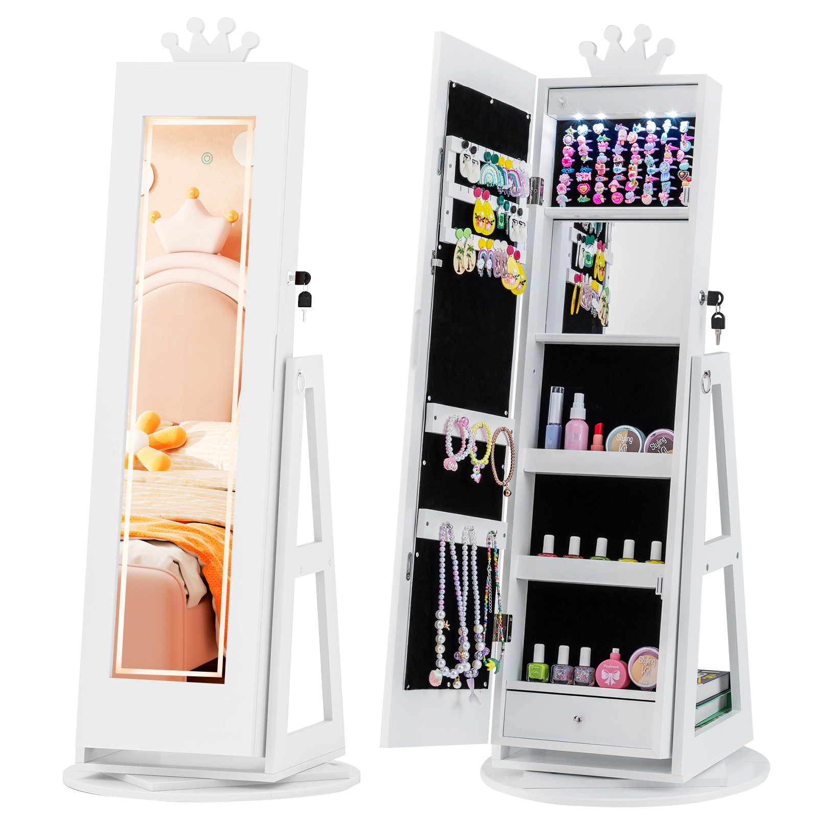 SUGIFT White 360-Degree Rotation Lighted Mirror and Storage Rack 3-in-1 Kids Jewelry Cabinet