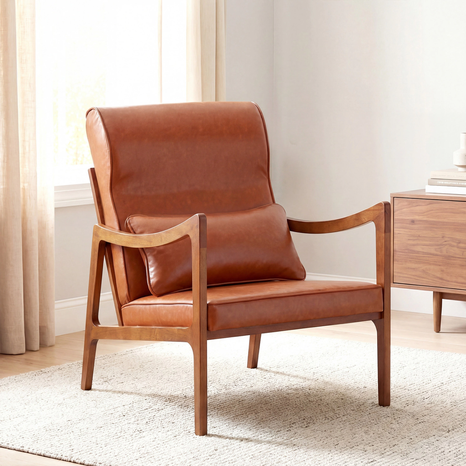 LJG Modern Accent Chair with Solid Rubber Wood Faux Leather Upholstered Armchair