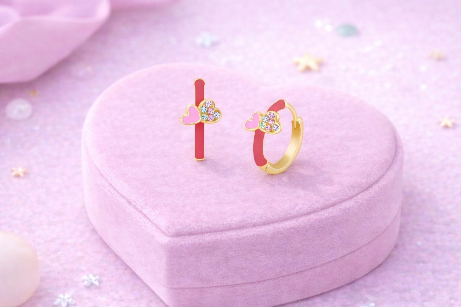 CHANTEUR Girls Huggie Hoop Earrings - Yellow Gold Plated Brass, Pink Enamel Hearts, Cubic Zirconia