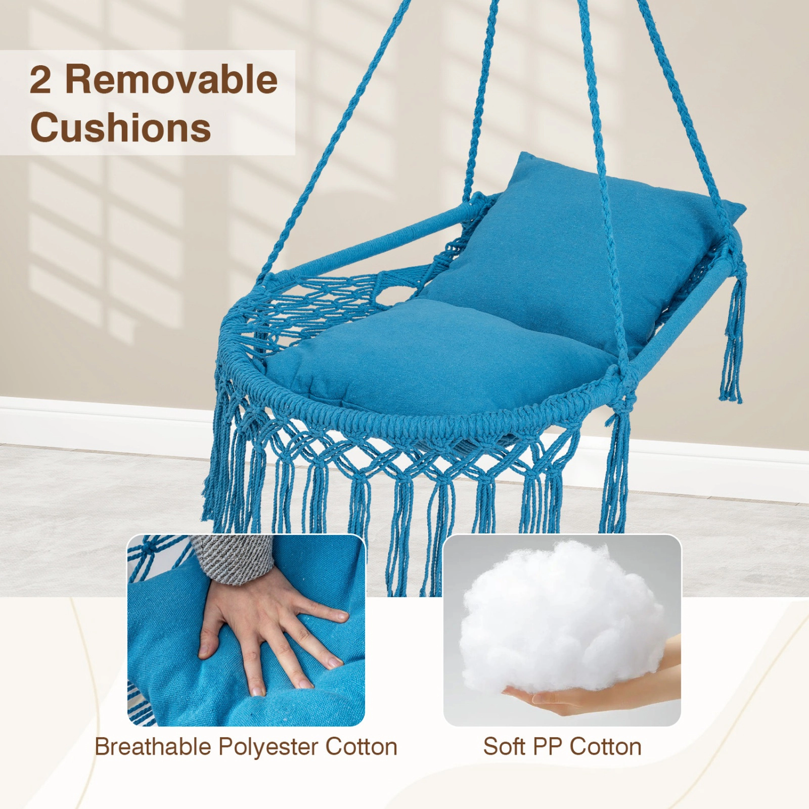 SUGIFT Macrame Swing Hammock Chair Metal Frame 330-lb Capacity 2 Removable Cushions 39-in Wide Beige Black Gray Blue