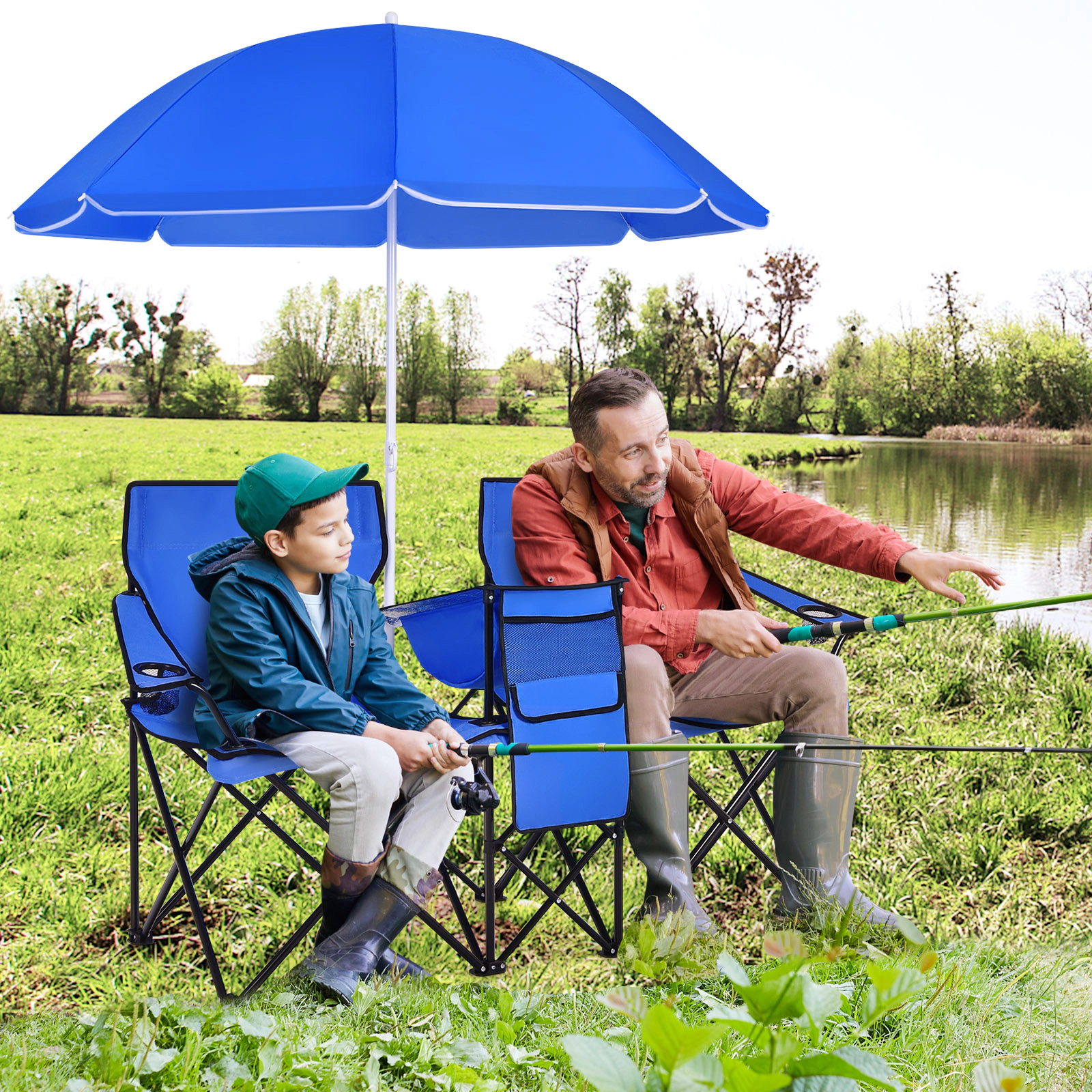 SUGIFT Portable Folding Picnic Double Chair with Adjustable Umbrella 270-lb Capacity Blue
