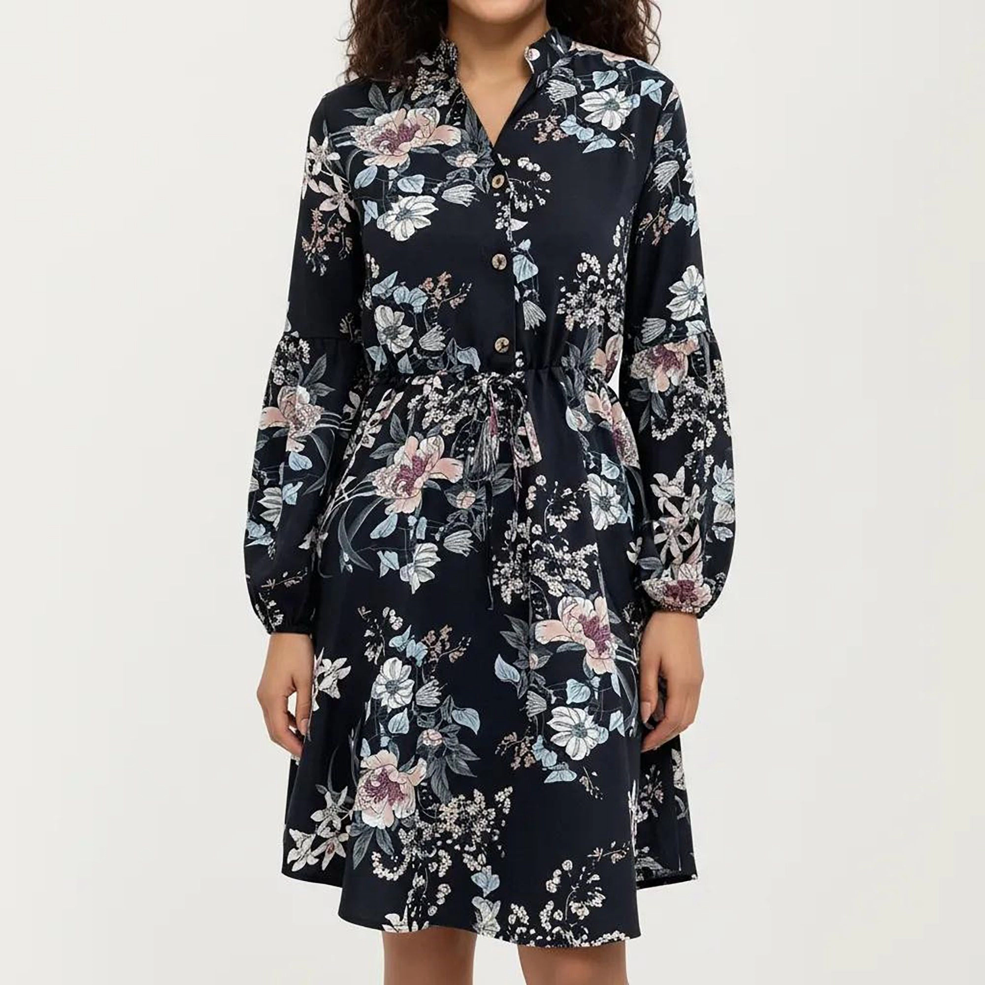 Anna-Kaci Women's Floral Print Tie Waist Long Sleeve Shirt Dress
