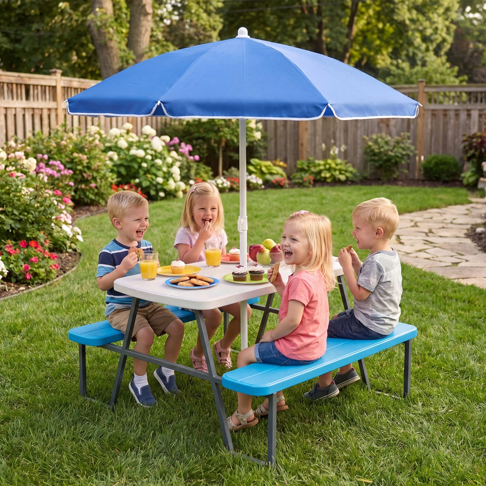 SUGIFT Kids’ Picnic Table Set with Umbrella, Blue HDPE Table and Benches for 4