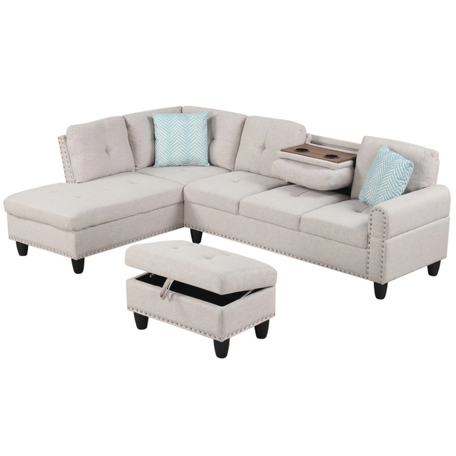 SUGIFT Movable Storage Ottoman and Chaise Linen Fabric 98 Sectional Sofa Couch