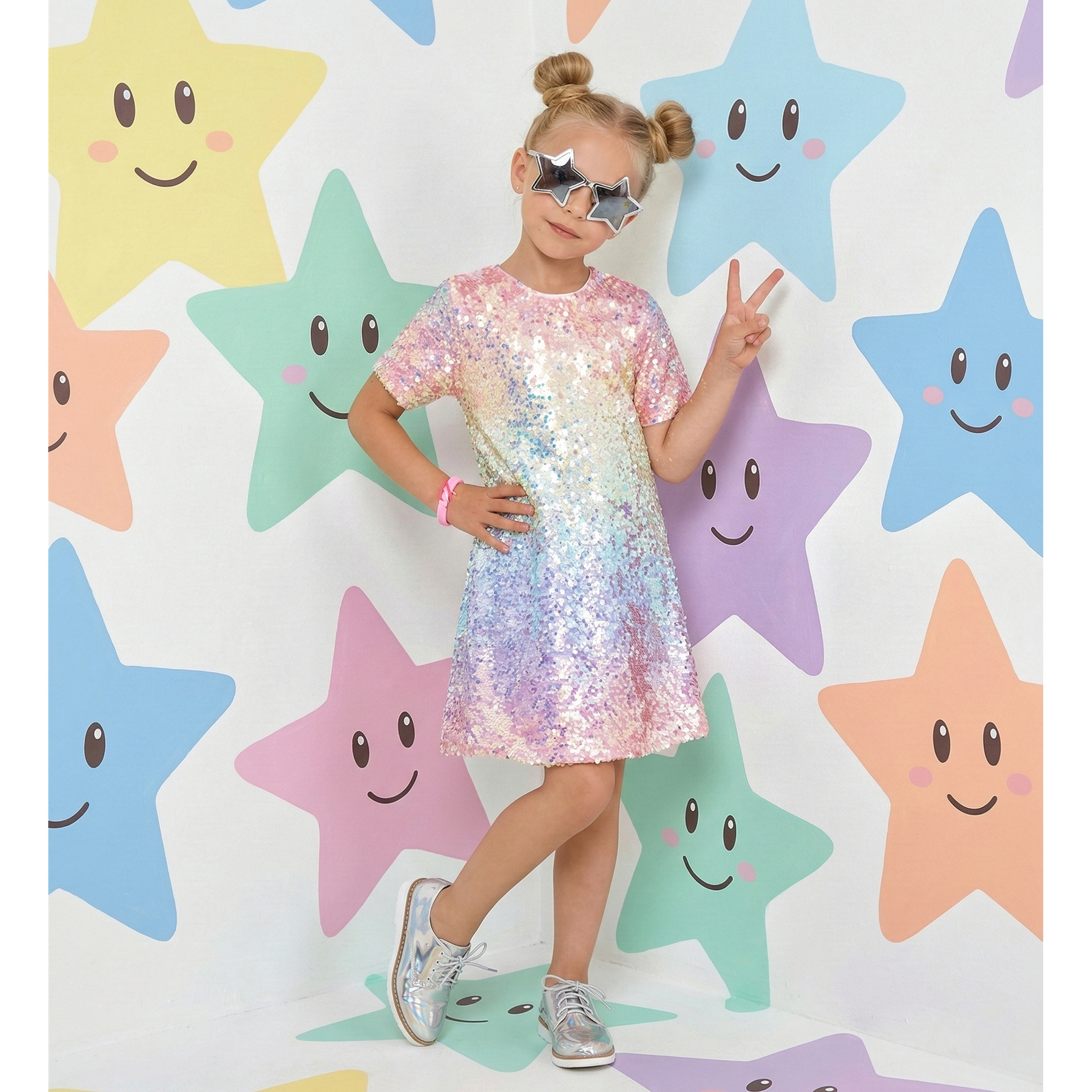 2Bunnies Girls Ombre Sequin Short Sleeve Shift Dress