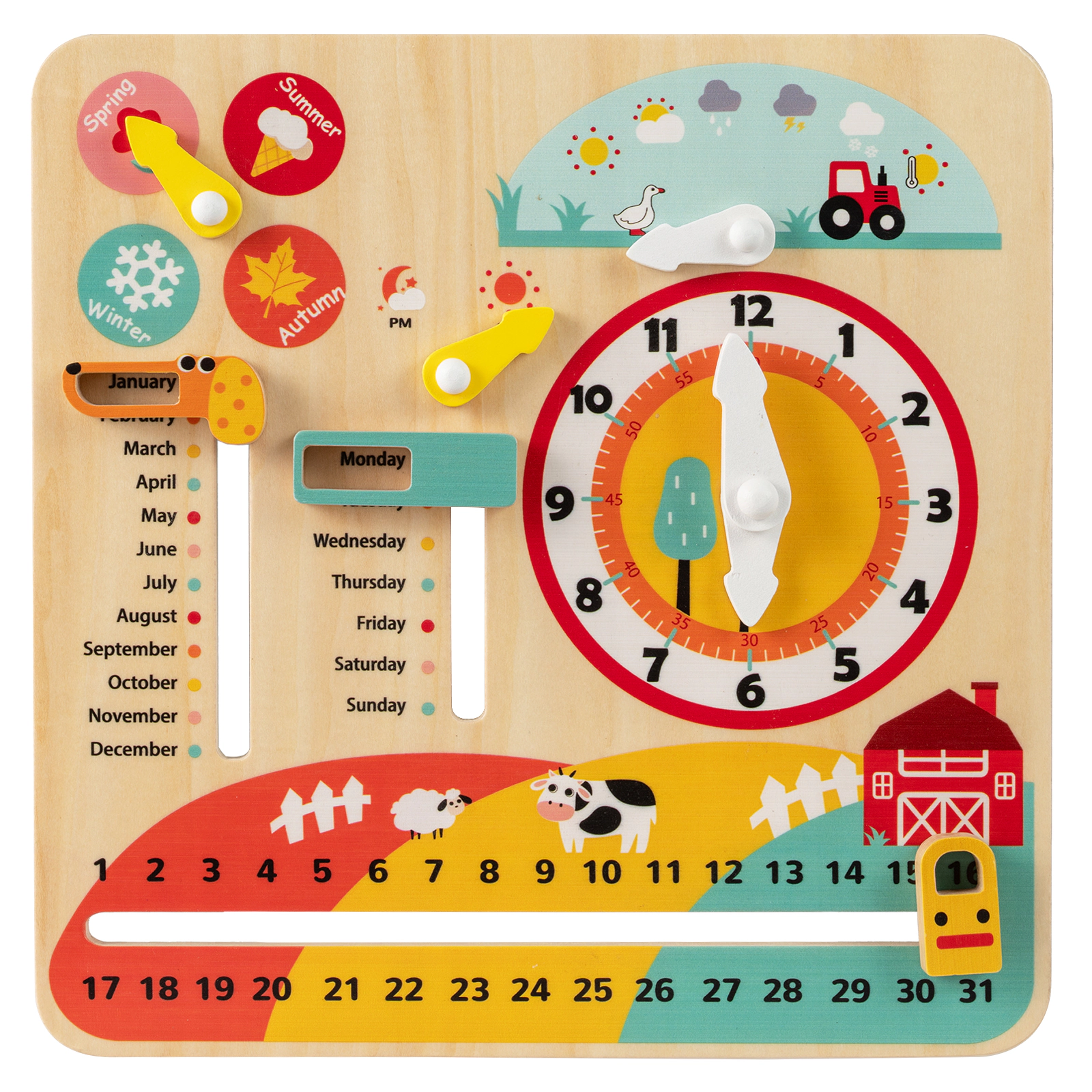 SUGIFT Toddler Multicolor Montessori Wooden Learning Clock with Season and Weather Panels 12-in W 12-in H Ages 3+