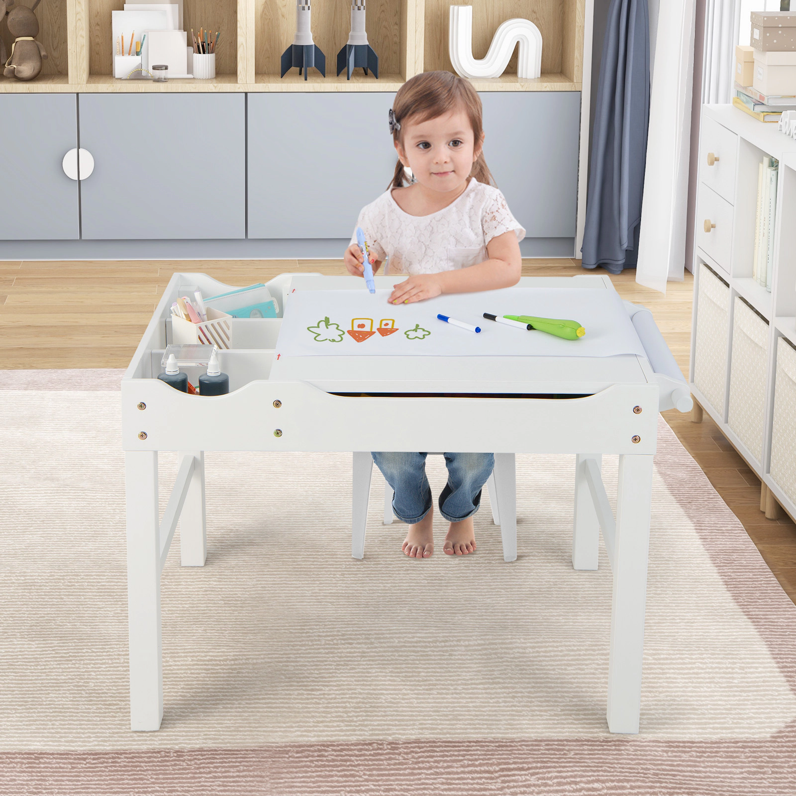 SUGIFT Wooden Kids Multi Activity Play Table with Double-Sided Tops Storage and 9.8-ft Paper Roll Ages 3+ Natural White