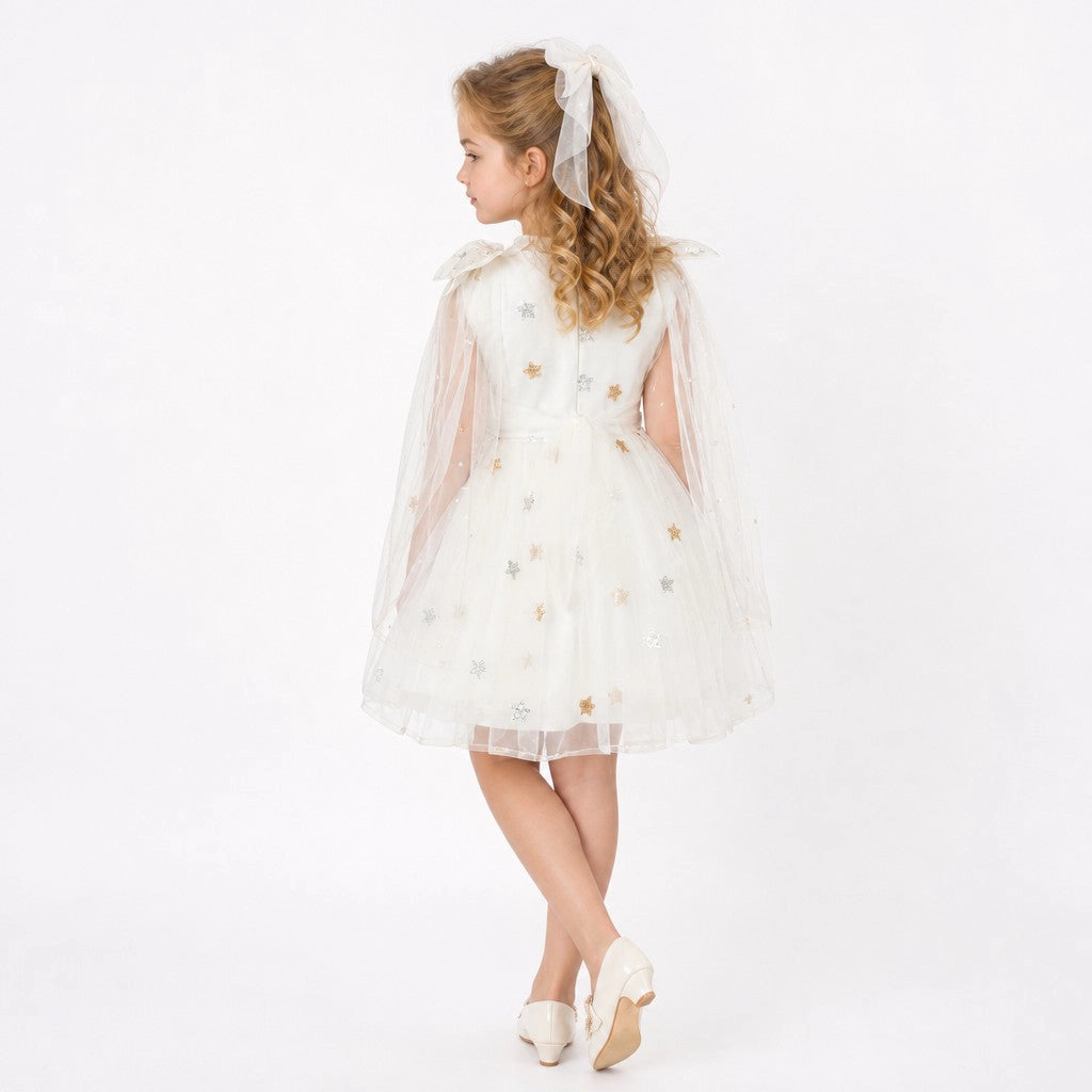 Faeella Girls Stardust Embroidered White Tulle Flower Girl Dress