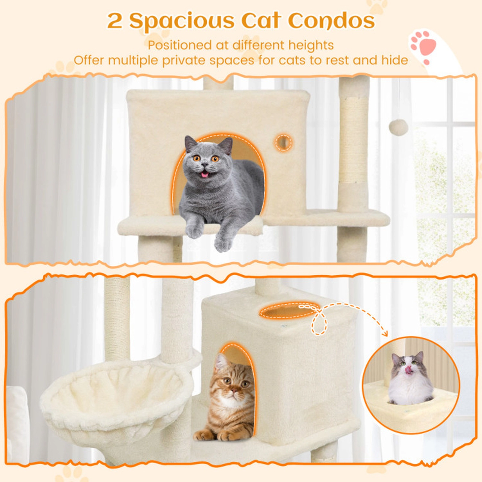 SUGIFT 80 Tall Cat Tree with 2 Condos Basket Hammock and Dangling Toys