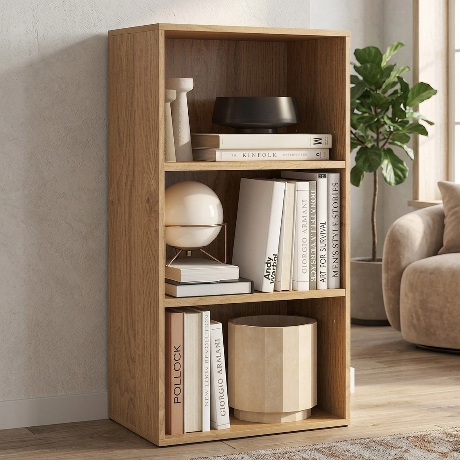 SUGIFT Natural 3-Tier Cube Bookcase with 5-Position Adjustable Shelves