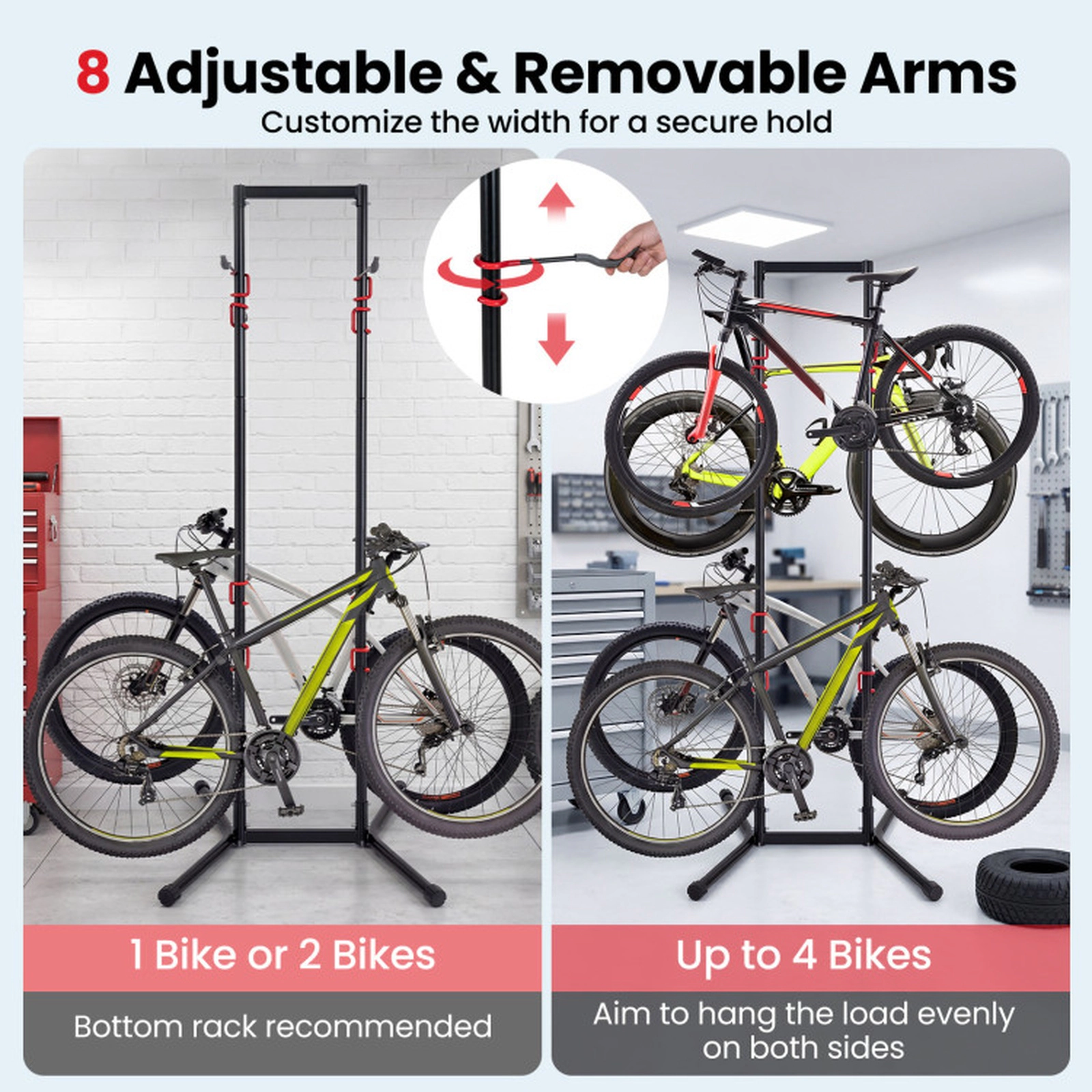 SUGIFT 4-Bike 8-Arm Adjustable Vertical Carbon Steel Bike Storage Rack 30-in x 29-in x 85-in 198-lb Capacity Black