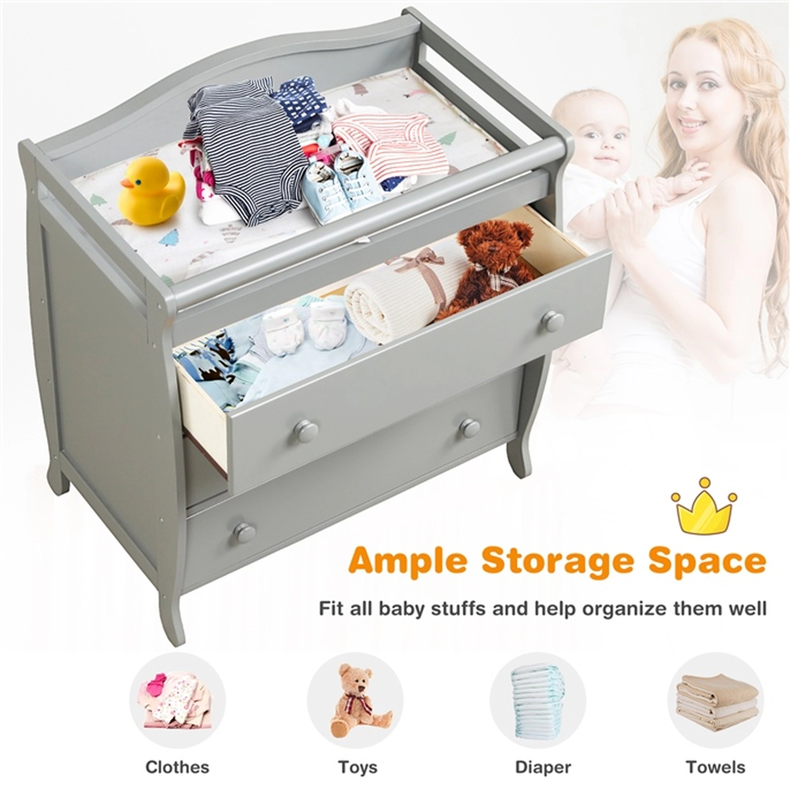 SUGIFT Baby Changing Table with 3 Drawers Safety Belt and Solid Wood Legs