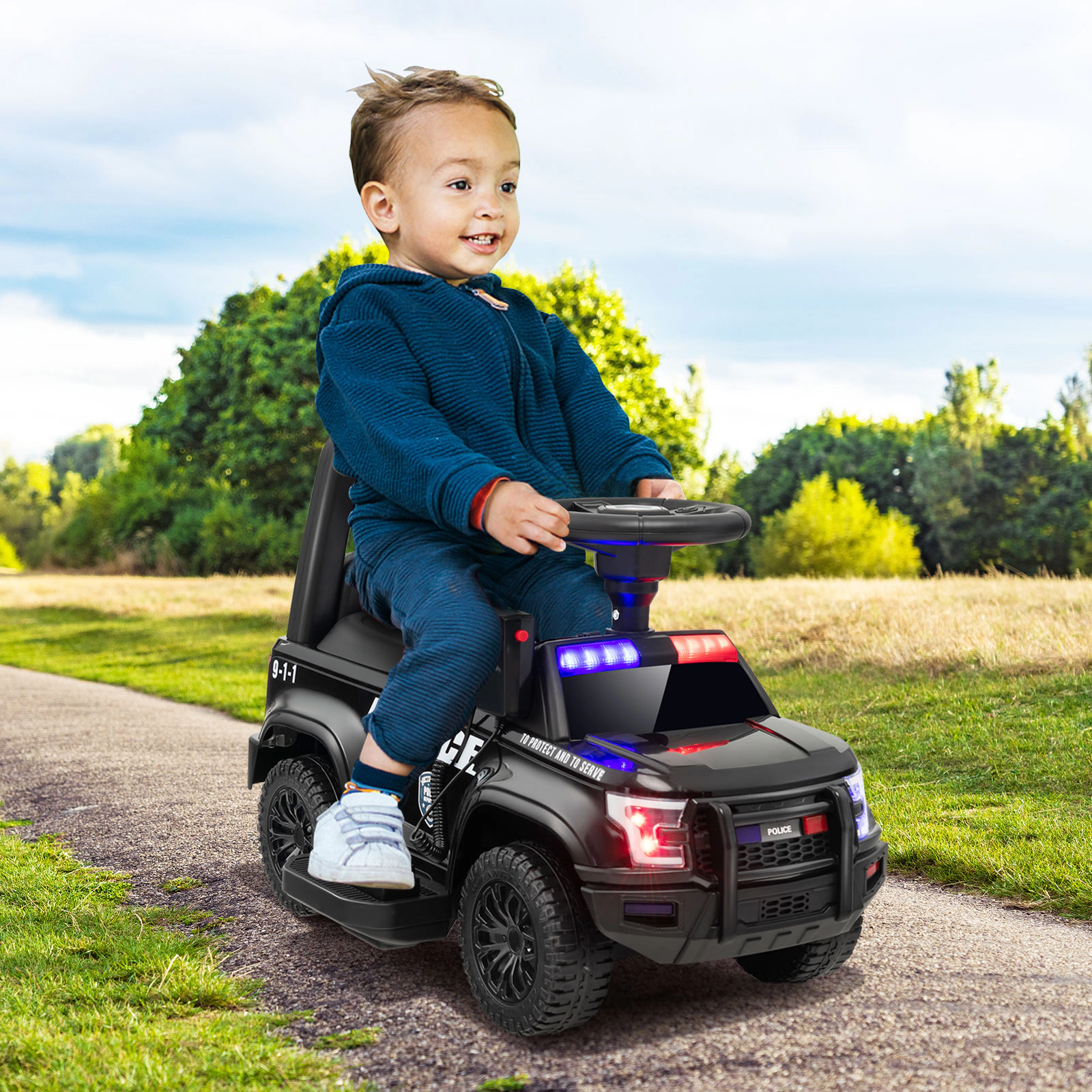 LJG 6V Kids Ride on Police Car with Real Megaphone and Siren Flashing Lights