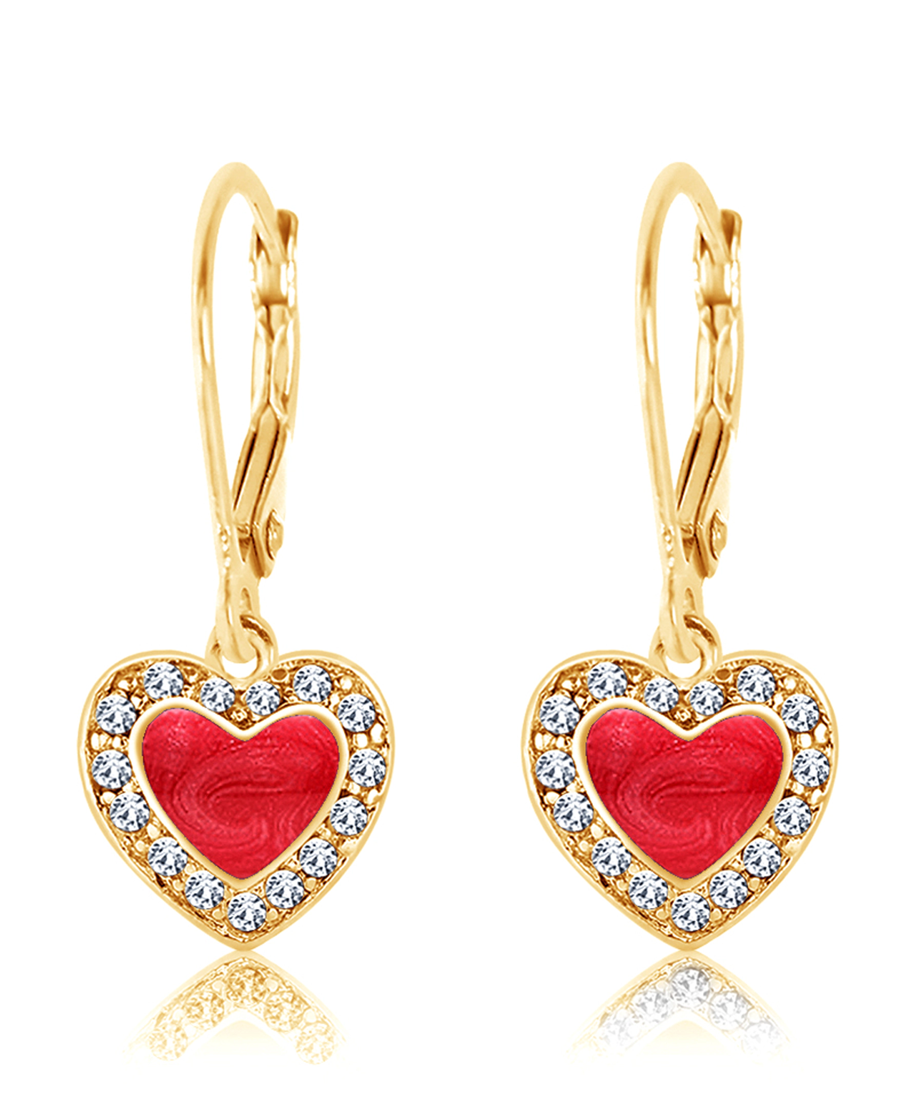 CHANTEUR Girls Red Heart Crystal Leverback Earrings - Yellow Gold Brass Plating