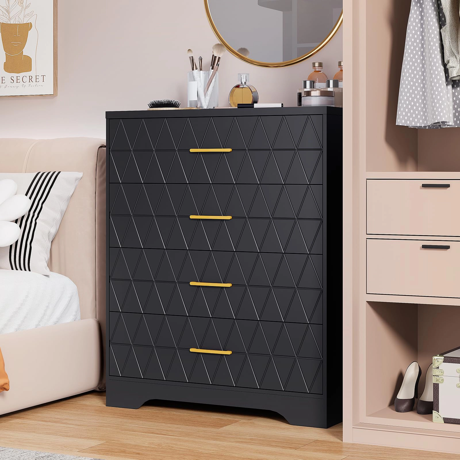 4 Drawer Wooden Dresser with Gold Handles, Modern Nightstand & Storage Organizer for Bedroom