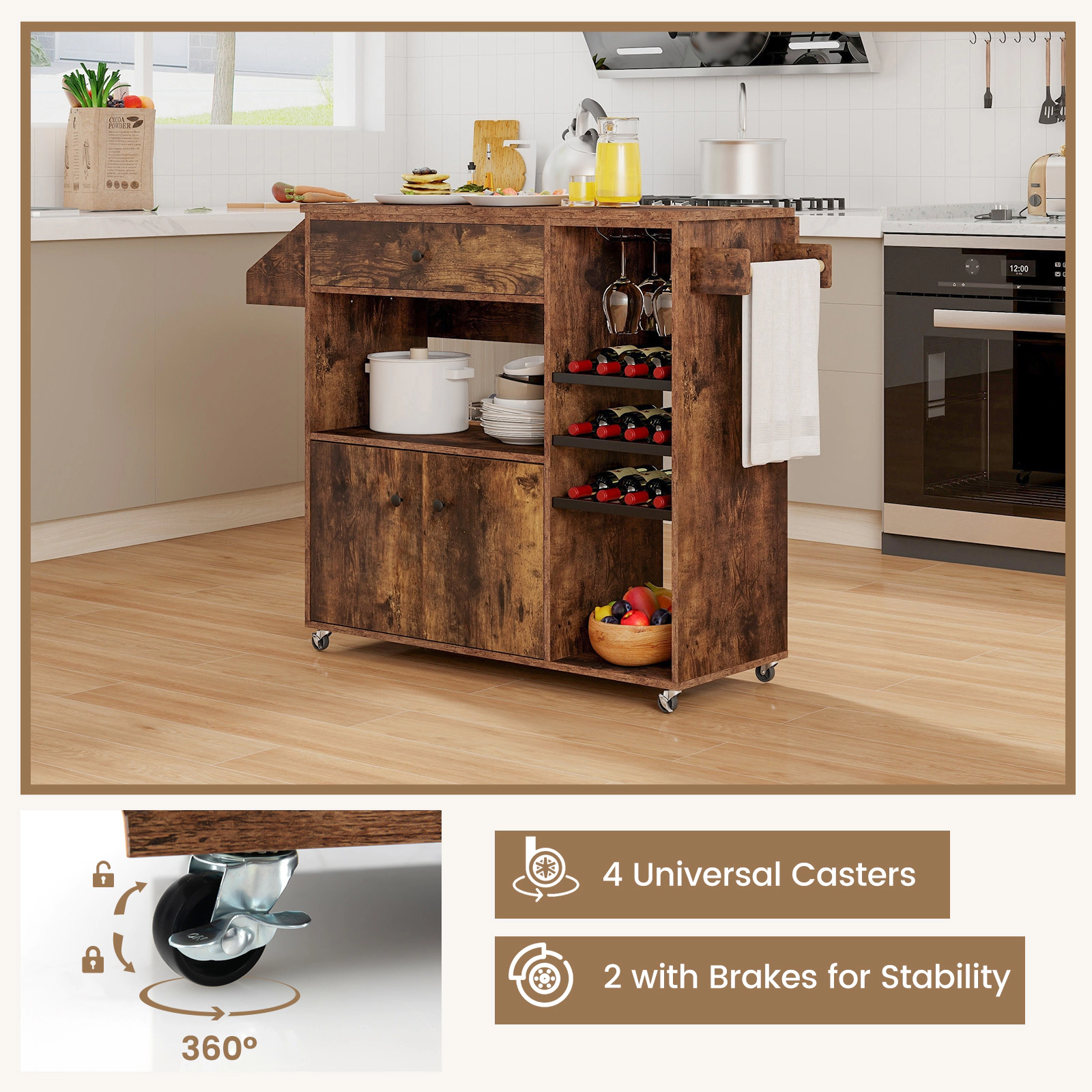 SUGIFT Rustic Brown Drop Leaf Rolling Kitchen Island Cart with Power Outlet USB Port and Wine Rack