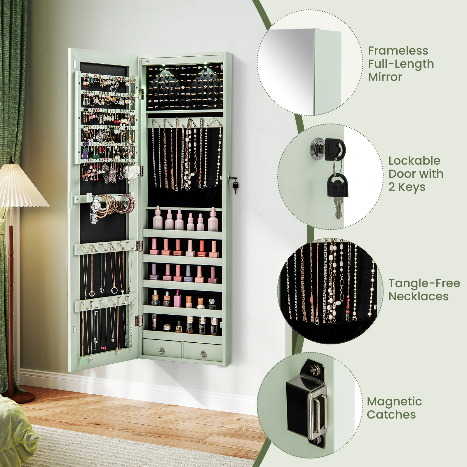 SUGIFT White Wall and Door Mounted Jewelry Armoire with LED Lights 6 Shelves 4-in D 54.5-in H