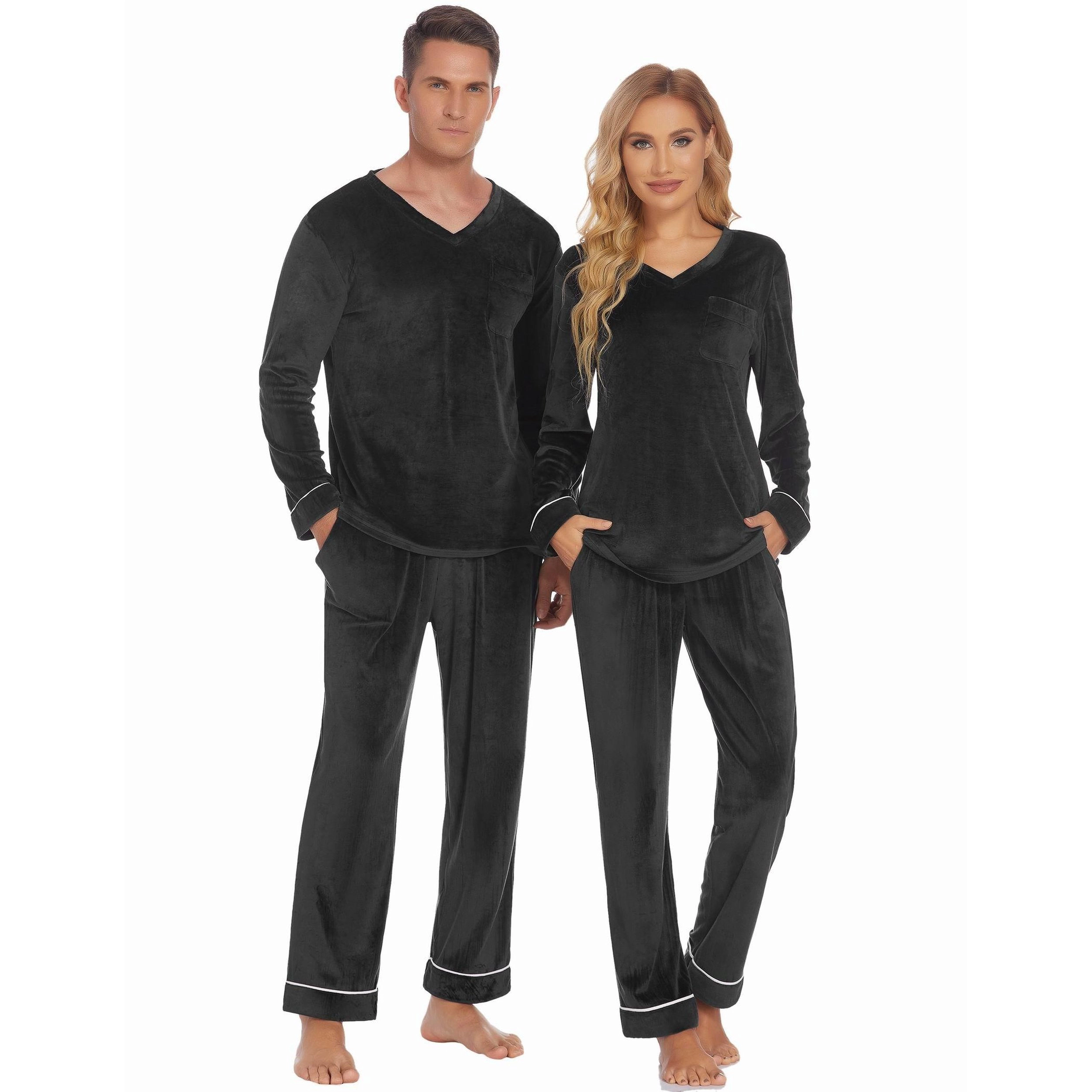 Ekouaer Couples Pajamas Sets Velvet Set for Mens and Womens Velour Long Sleeve Sleepwear