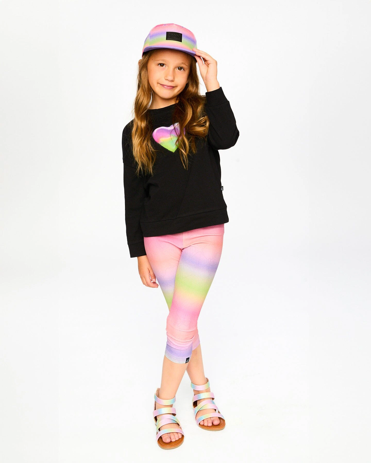 Deux par Deux Girls Rainbow Heart Appliqué Round Neck Organic Cotton Long Sleeve T-Shirt