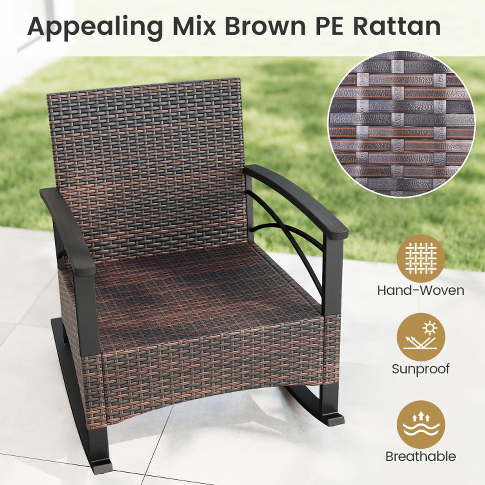 SUGIFT Rocking Conversation Bistro Set with Rocker Chairs & 2-Tier Table 400-lb Chair Capacity Mix Brown Rattan Cushions