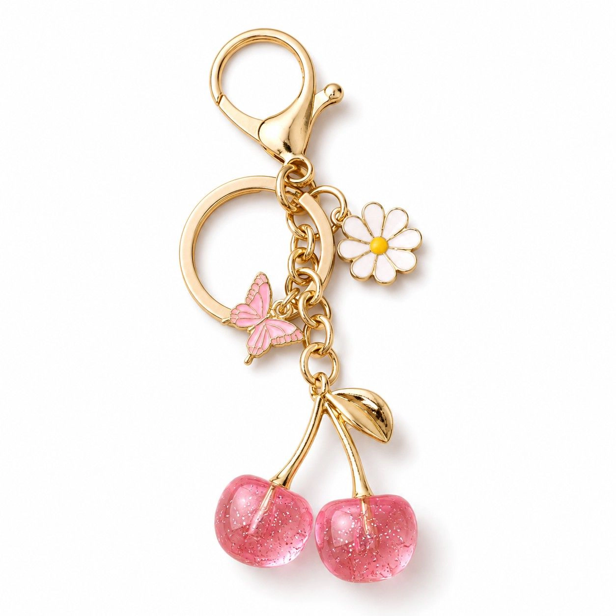Alilang Women's Cherry Bag Charm Keychain with Daisy and Butterfly Accents Gold-Tone Clip, Pink