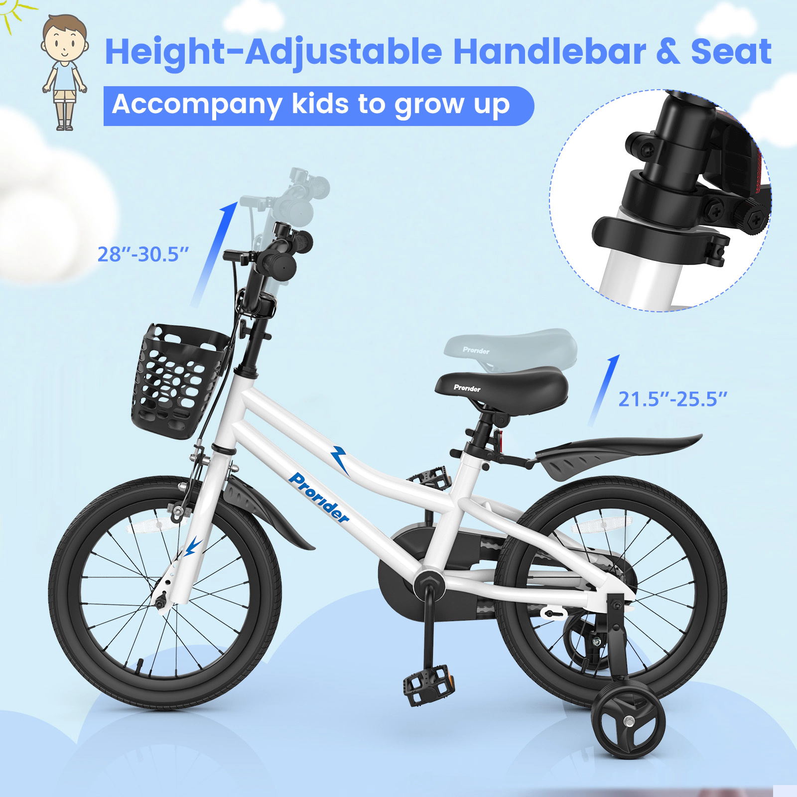 16-in Kids Bike with Removable Training Wheels Reach-Adjustable Hand Brake and Coaster Brake for Ages 4-7 Kids Bicycle