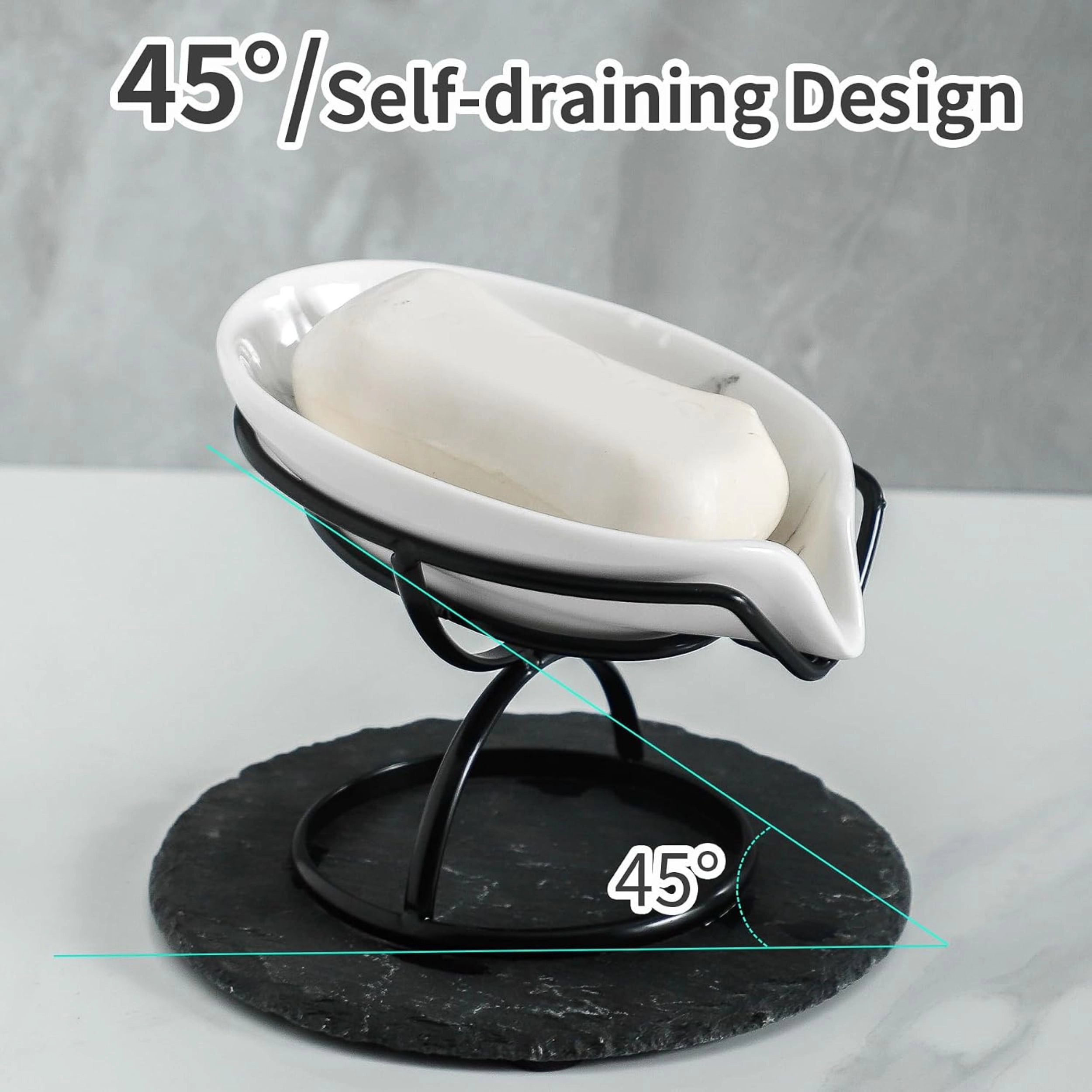 Stock Preferred Leaf Shaped Ceramic Self Draining Soap Dish with Stainless Steel Stand