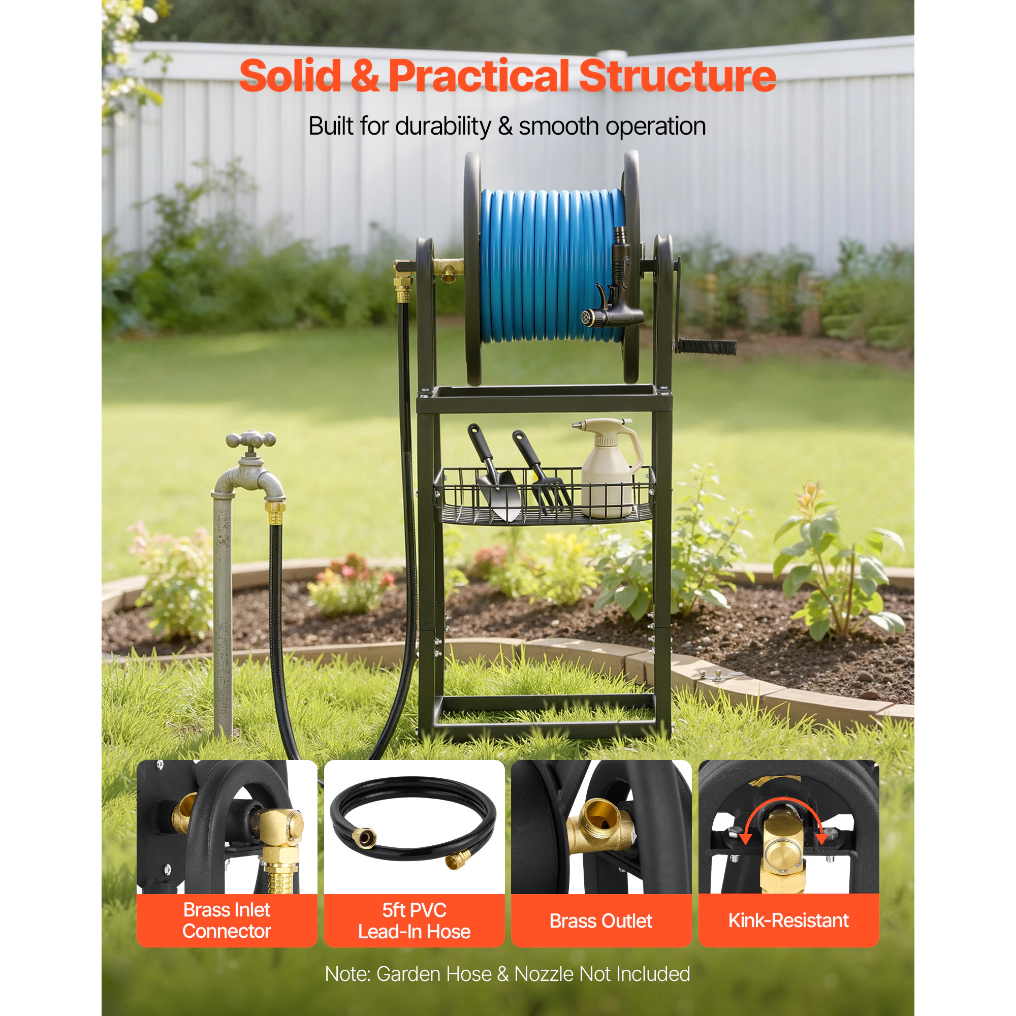 HONGGE Heavy-Duty Wall Mounted Garden Hose Reel Holds 5/8-inch Hose Outdoor Winder