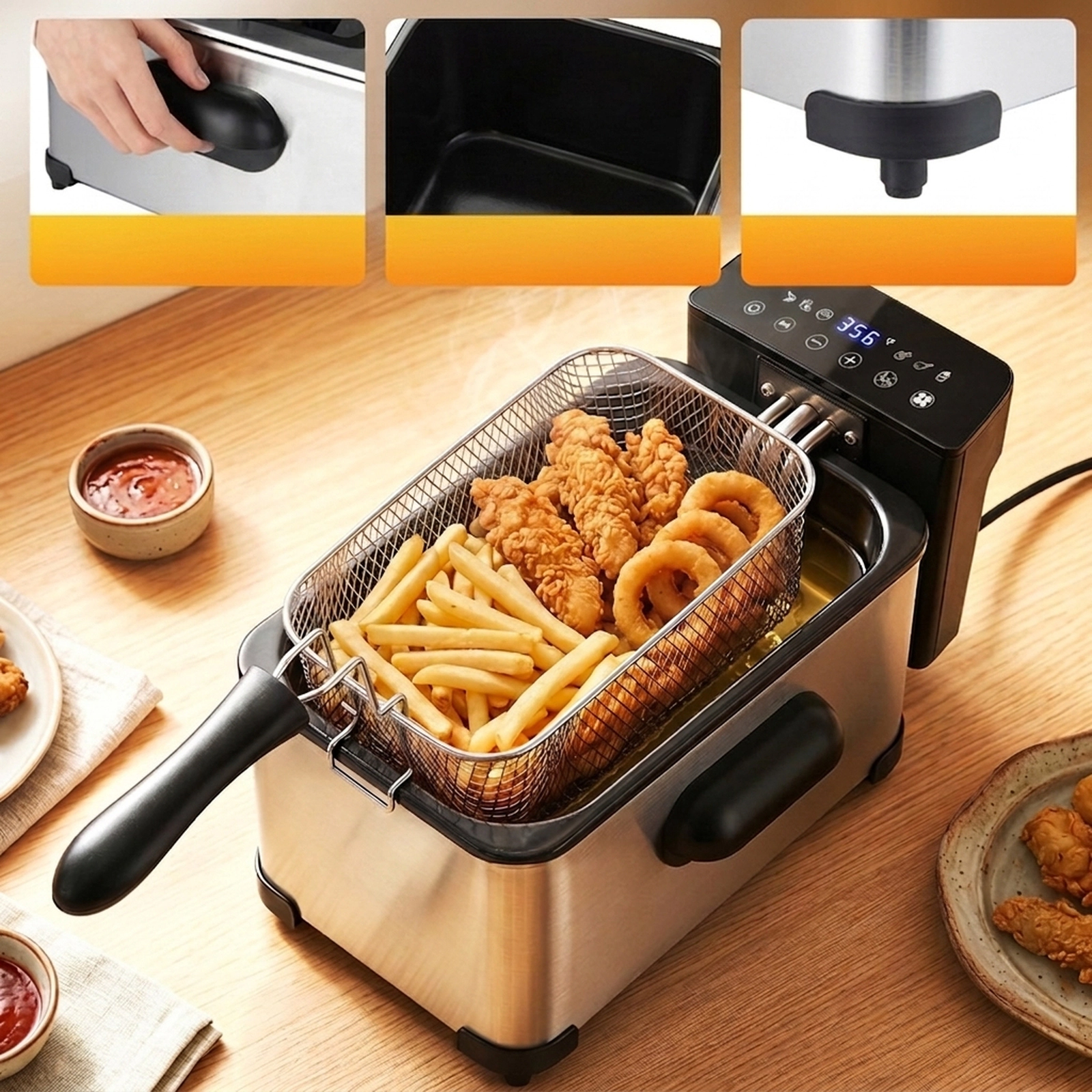 SUGIFT LED Touch Screen Electric Deep Fryer 3.2-qt Enamel Oil Tank 1700W 6 Presets 212-374 F Thermostat Silver/Black