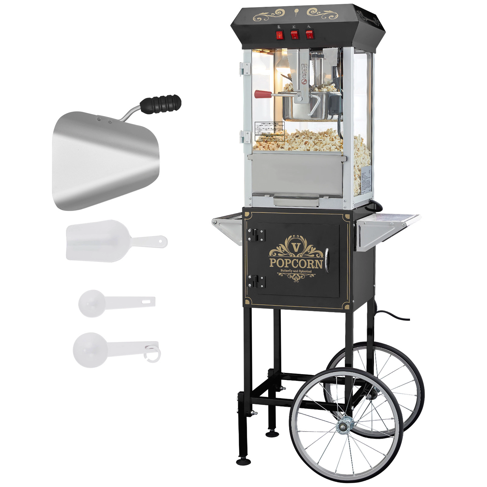 HONGGE Popcorn Maker with Cart 850W Popper Machine 8 Oz Kettle Makes 48 Cups per Batch Equipped