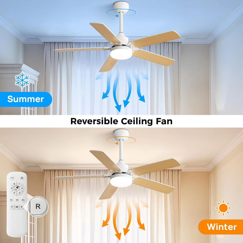 Flynama 42 in. Wood LED Ceiling Fan, Reversible DC Motor, Downrod Mount, Dimmable Remote Control, Energy Saving