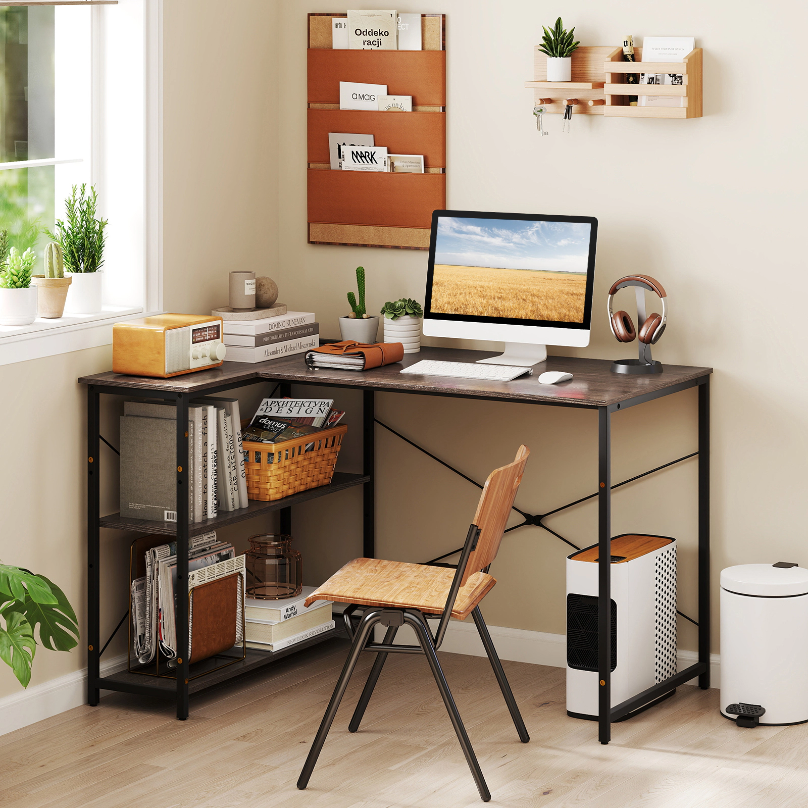 SUGIFT Reversible Adjustable Shelf Built-In Outlets L-Shaped Computer Desk 47-in x 34-in x 29-in 240-lb Capacity Gray