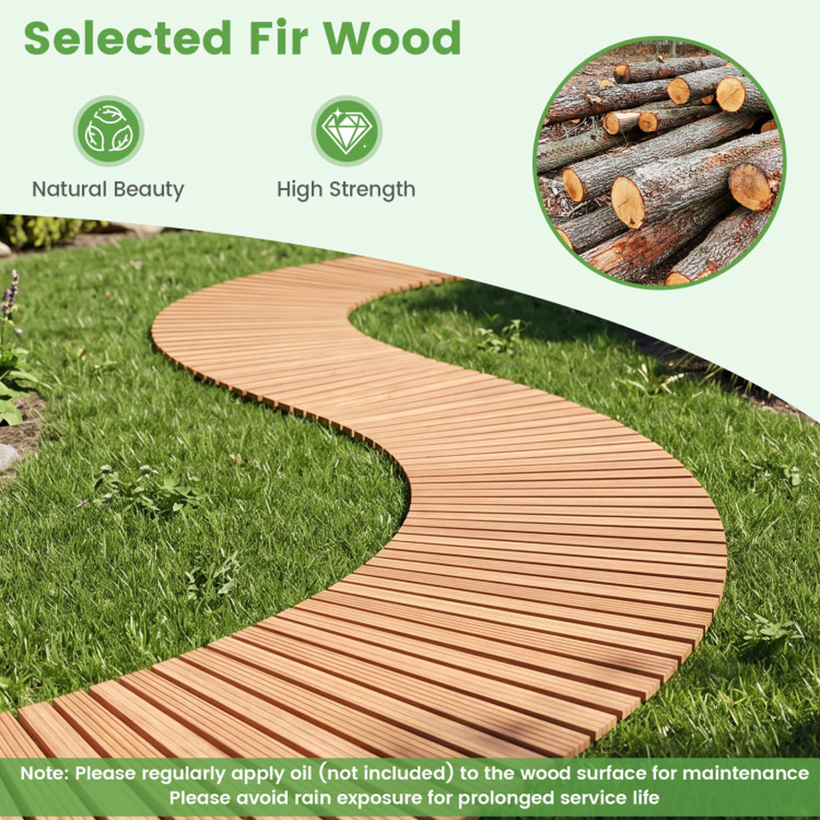 SUGIFT 7-ft Natural Fir Wood Roll-Up Garden Pathway with Anti-Slip Textured Surface and 17-in Width