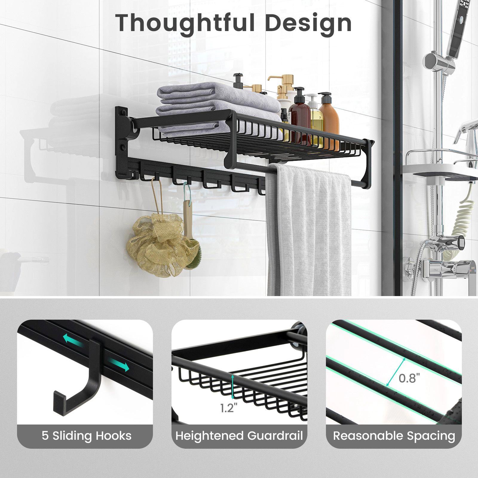 SlickBlue Wall Mounted Towel Rack with Hooks and Storage Basket