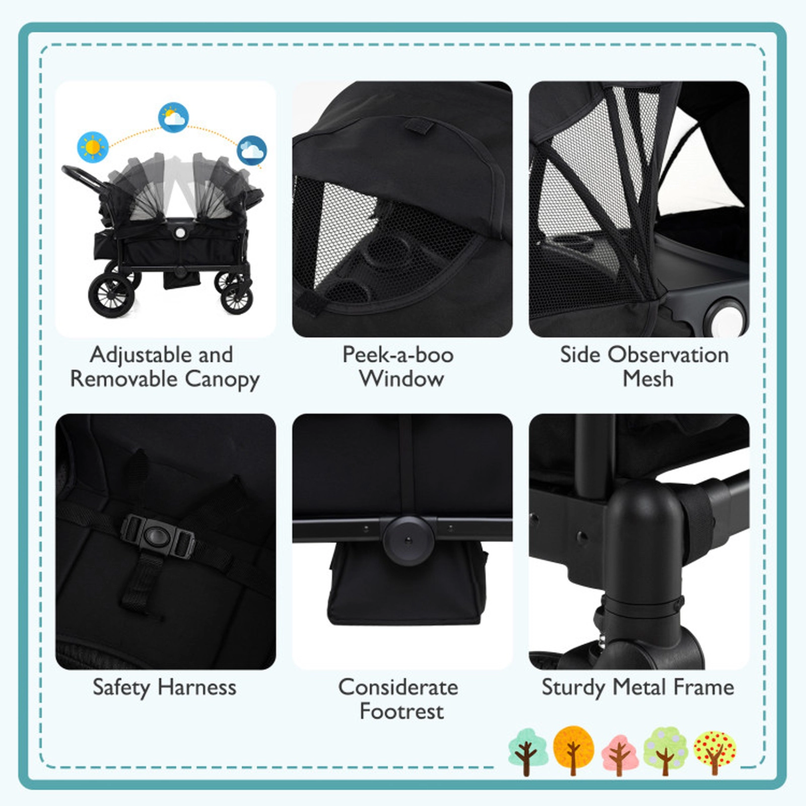 SUGIFT 2-Seater Push Pull Collapsible Kids Wagon Stroller 55-lb Capacity Per Seat Ages 6 Months+ Black/Gray