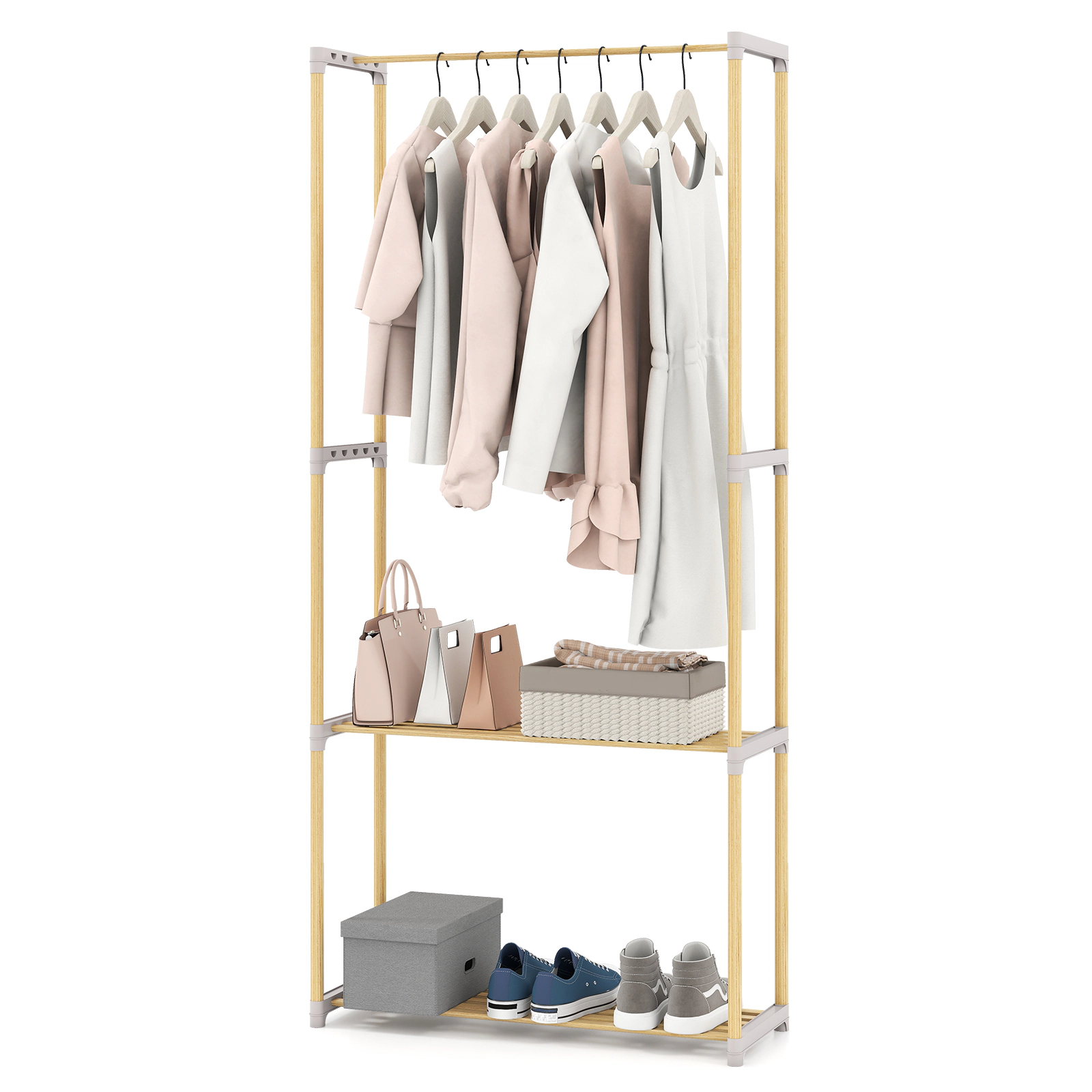 Glintex Pine Wood Clothes Rack with 2-Tier Shelf and Tool-Free PP Connectors, Natural