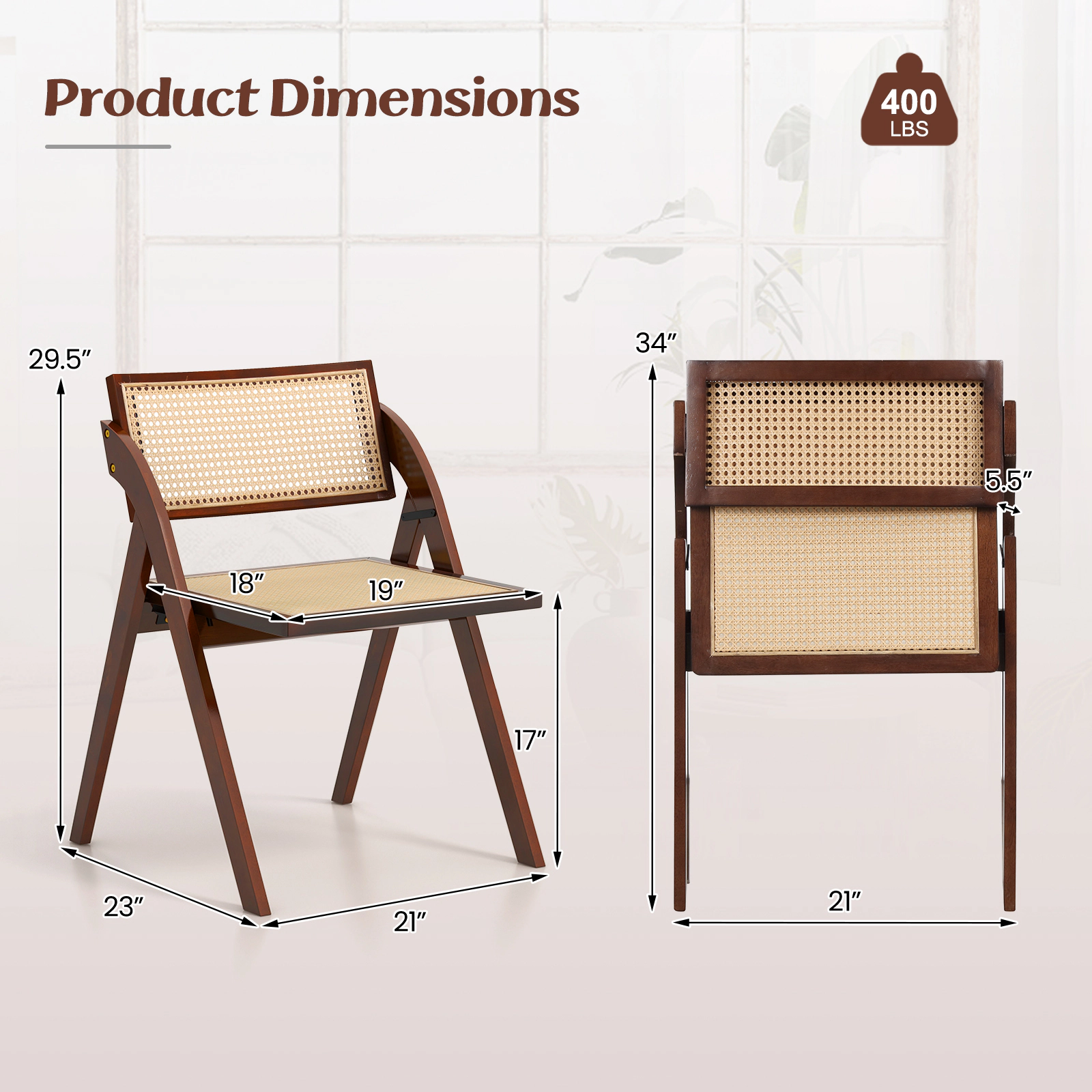 LJG Foldable Dining Chairs Set of 2 with Woven Rattan Backrest