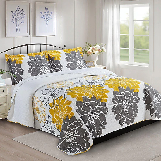Egyptian Linens Helena Gold Floral Reversible Microfiber Quilt Set