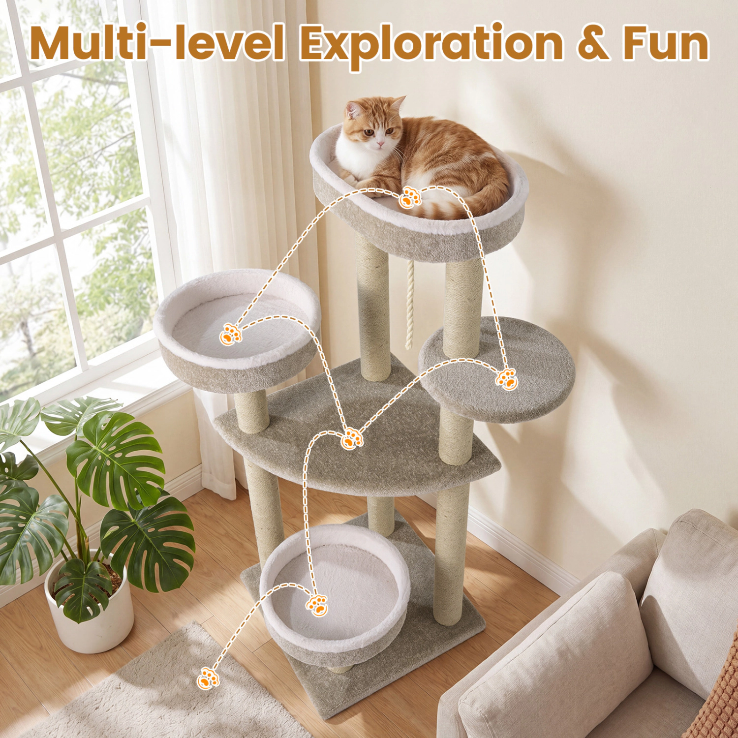 SUGIFT 51-in Carpeted Cat Tree with 19.5-in Oversized Top Perch 2 Round Perches and Jute Rope Posts
