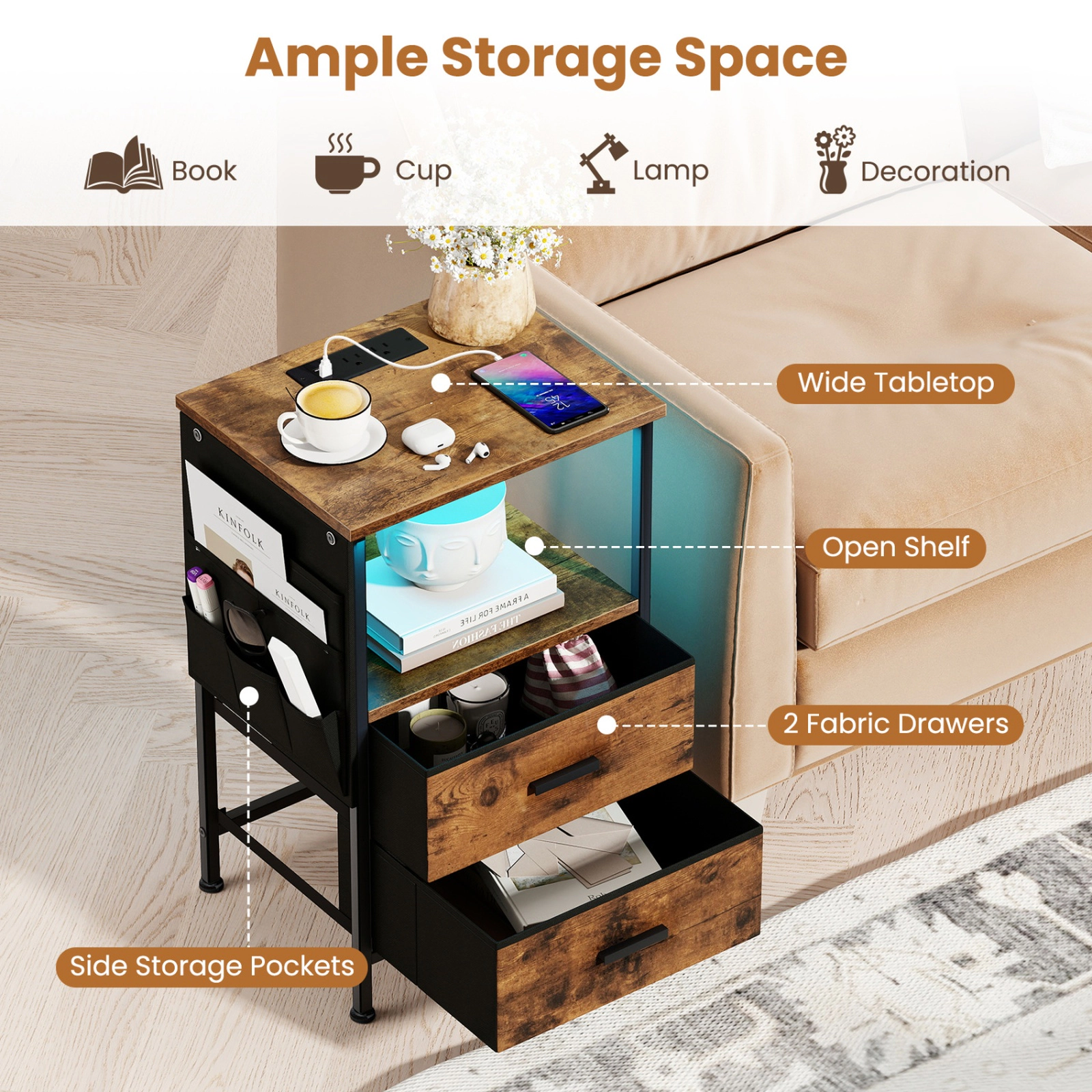 SUGIFT End Table Nightstand with Charging Station 110-lb Tabletop Capacity 45-lb Shelf 11-lb Drawer Rustic Brown + Black