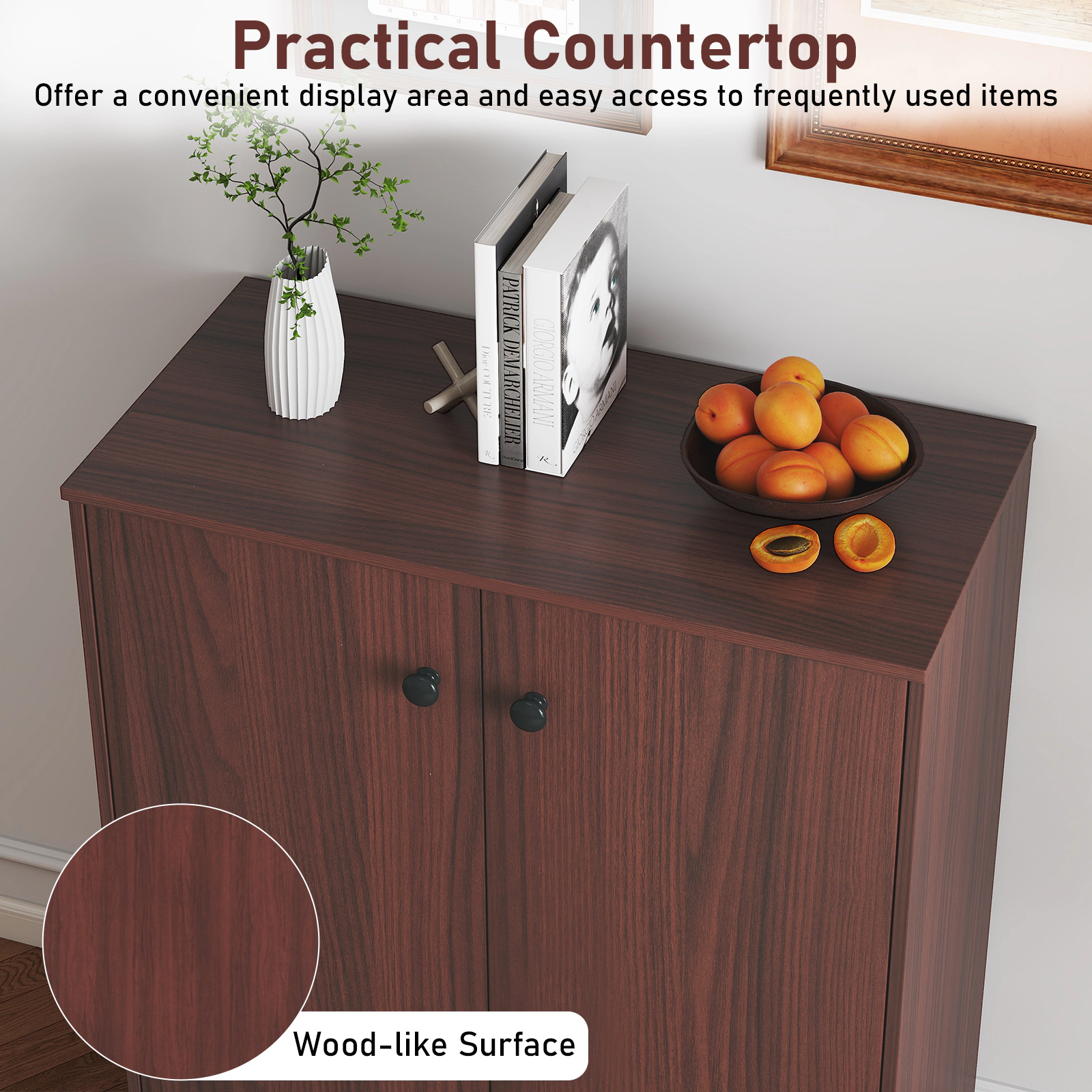 Slickblue Brown Accent Storage Cabinet with Adjustable Shelves for Kitchen Dining Room Home Office